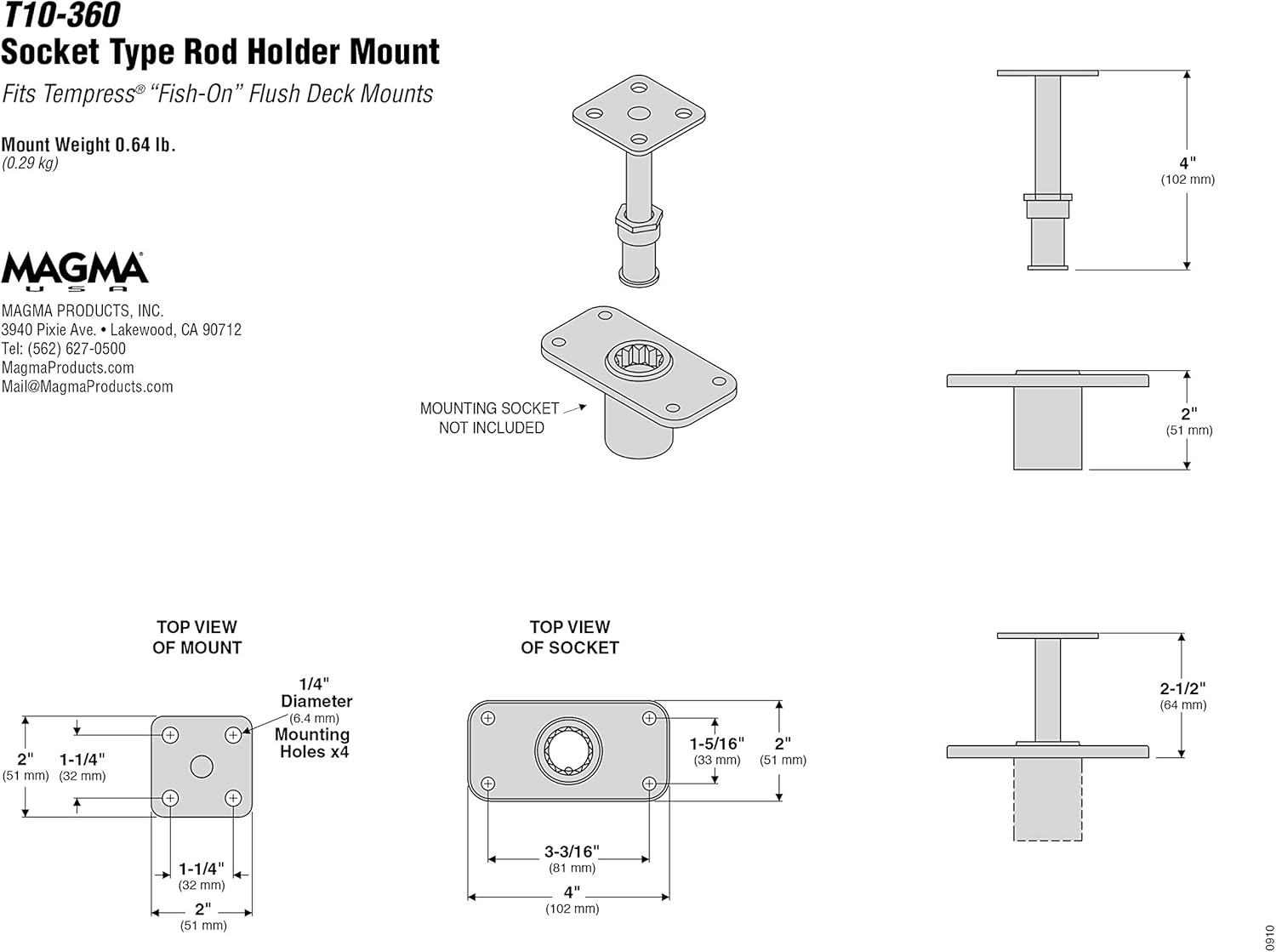 Magma Products, T10-360 Tempress Fish-On Socket Fish-Rod Holder Mount