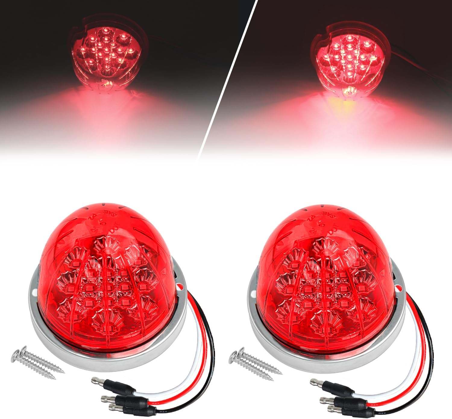 2PCS Red Watermelon LED Lights Low/High Dual Function Marker with Stainless Steel Bezel, 12V Side Clearance Light for Freightliner, Kenworth, Peterbilt