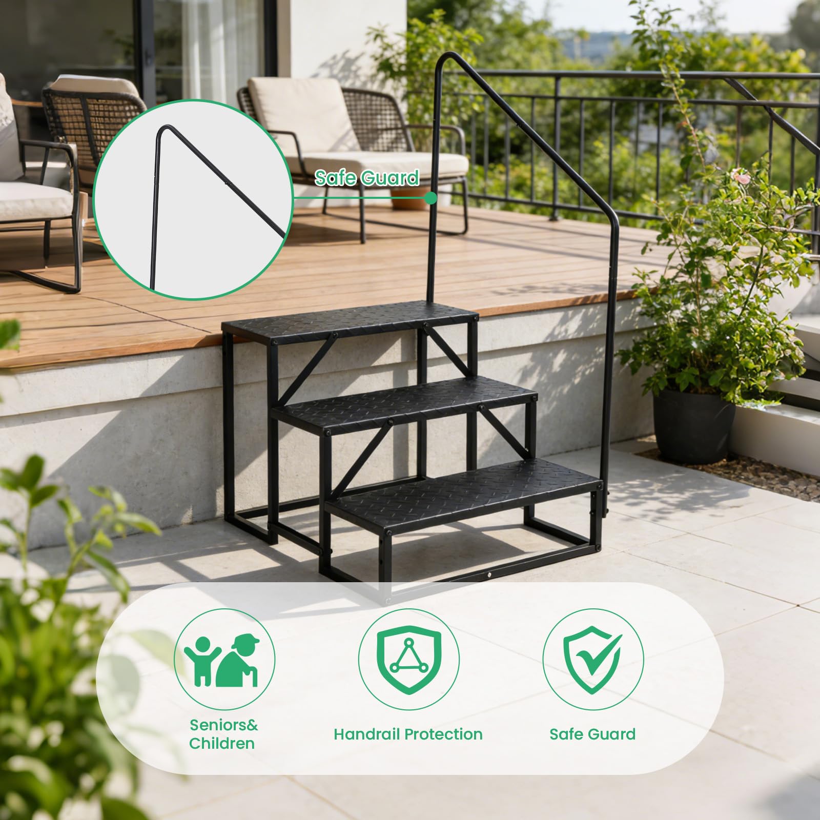 Garvee Escalier RV Stable en Acier Carbone avec Rampe – Portable, Usage externeérieur, Animaux et Spa – Capacité 300 kg – Accessoire Camping-Car – 3 marches