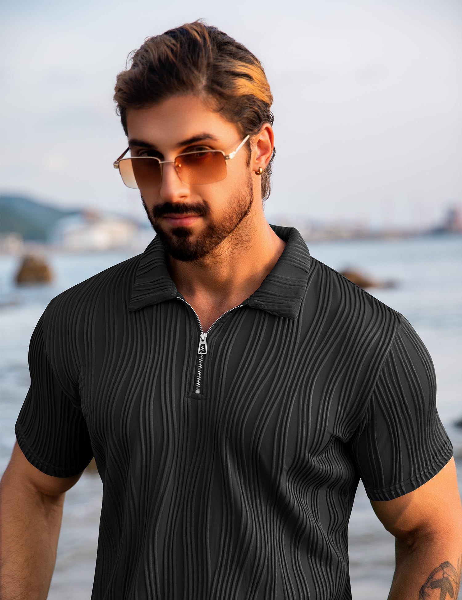 URRU Completo estivo da uomo, 2 pezzi, alla moda, casual, a maniche corte, polo e pantaloncini