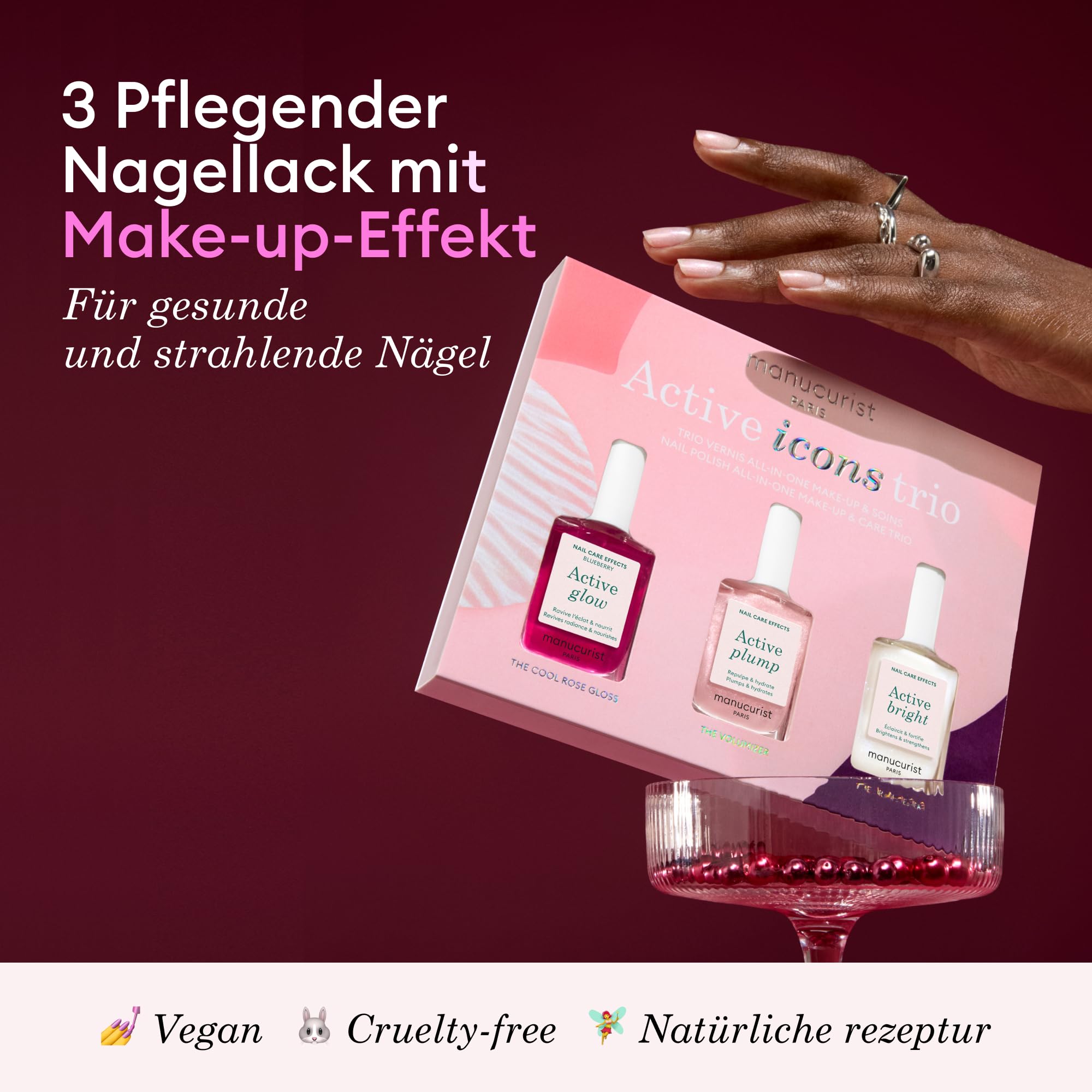 Manucurist Active Icons Trio Nagellack – Active Glow Blueberry, Active Shine, Active Plump Nagellacke – Nagelhärter – Aufhellender Behandlungslack & Pflege – Made in France