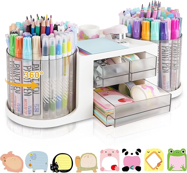 RETON Obrotowy organizer na biurko z 2 uchwytami na długopisy, wielofunkcyjny organizer na długopisy z 3 szufladami, 10 przegródek, na biurko, do biura, szkoły, domu