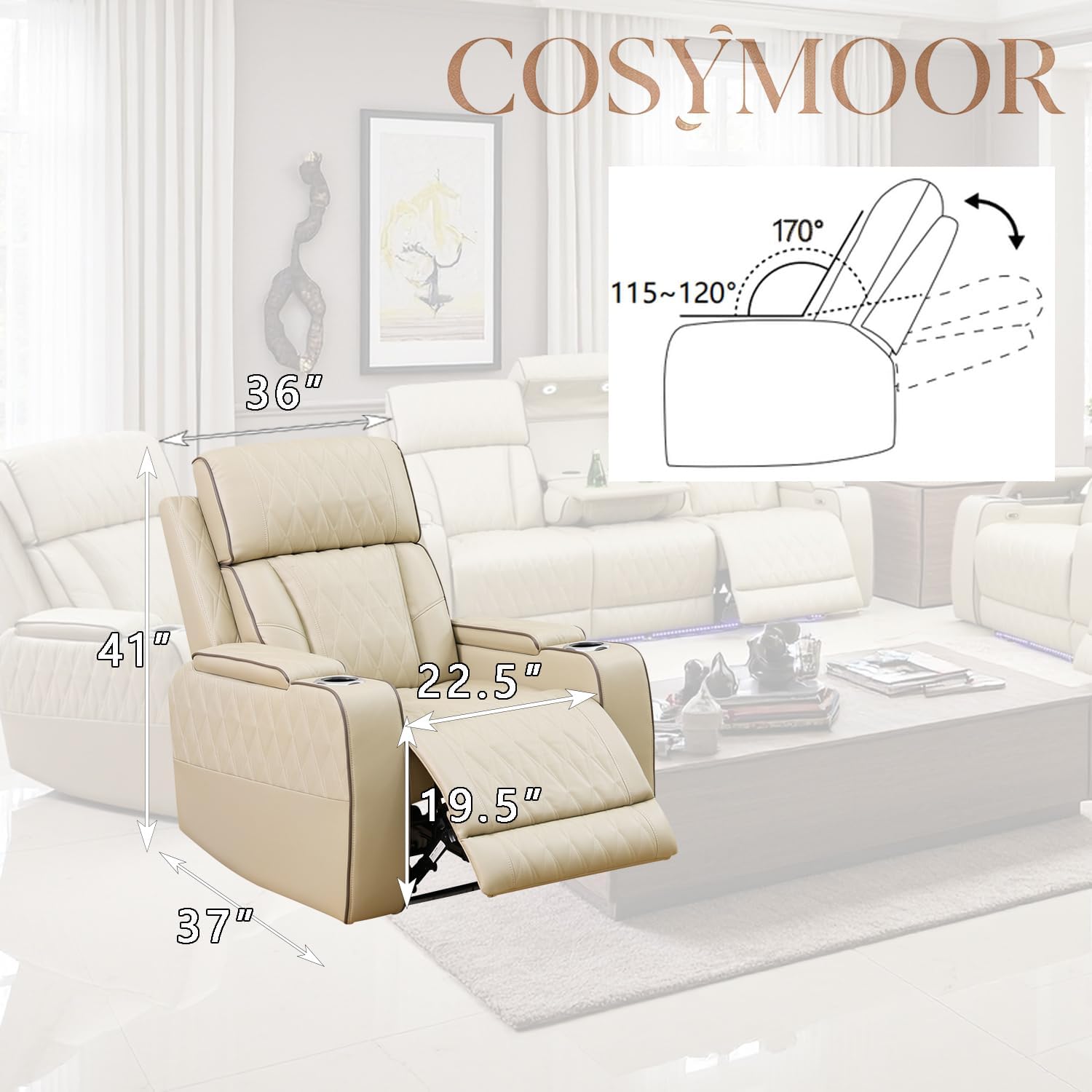 Oversized Power Recliner Chair for Adults, Electric Reclining Chair with USB Port, Power Single Recliner Chairs for Living Room/Bedroom/Office,Khaki