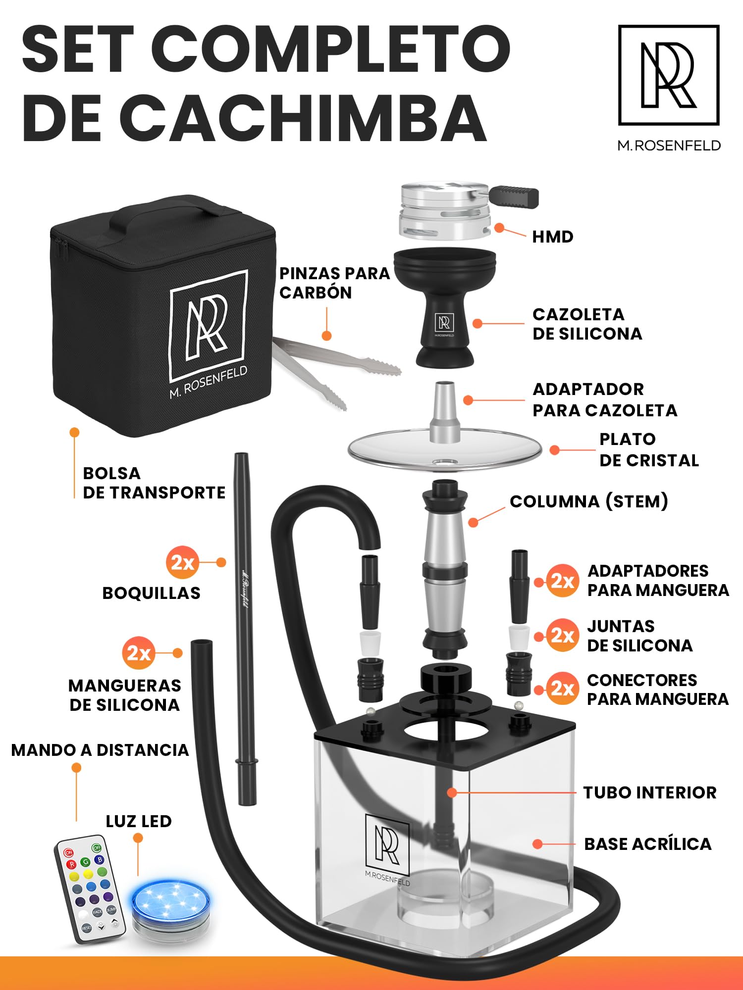 Set de Cachimba Completo Portátil con Bolsa y Accesorios Premium – Cabezal con HMD, Boquilla, Tubo de Inmersión de Aluminio, Difusor y Base de Acrílico