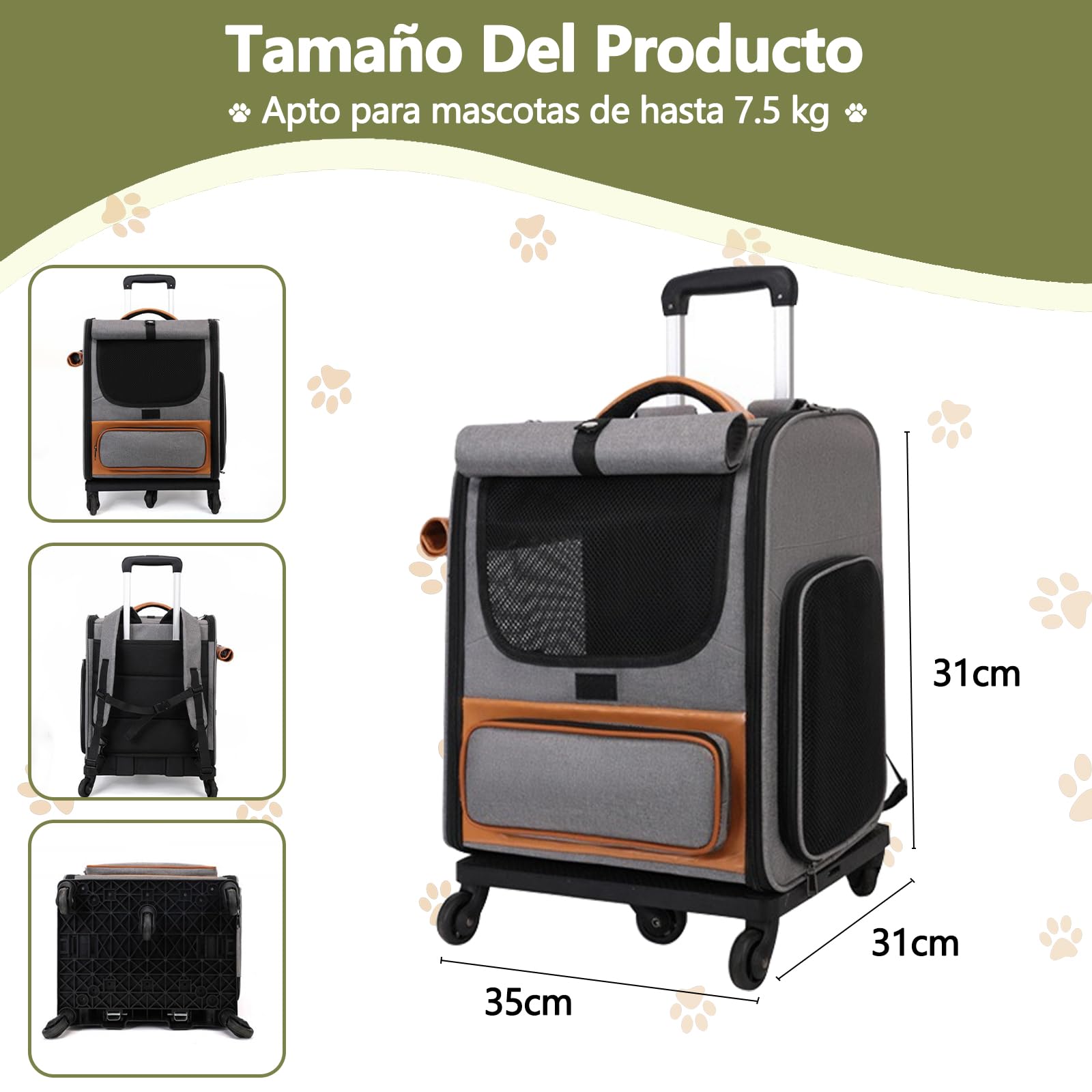 Galatée Transportín con Ruedas para Mascotas, Tela Oxford, Transportín Arrastrable, 3 En 1 con Asa De Transporte/Asa/para Llevar Al Hombro, Diseño a Prueba De Fugas(Gris)