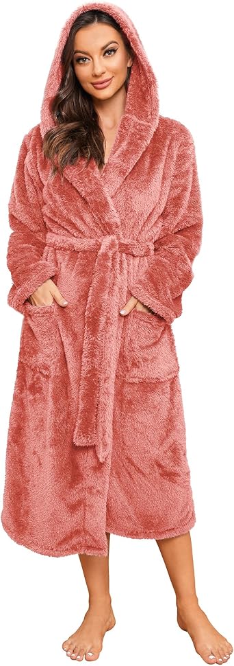 HEARTNICE Womens Hooded Fleece Robe, Thick Warm Plush Bathrobe for Women, Long Fluffy Comfy House Coat Long Fur Fleece