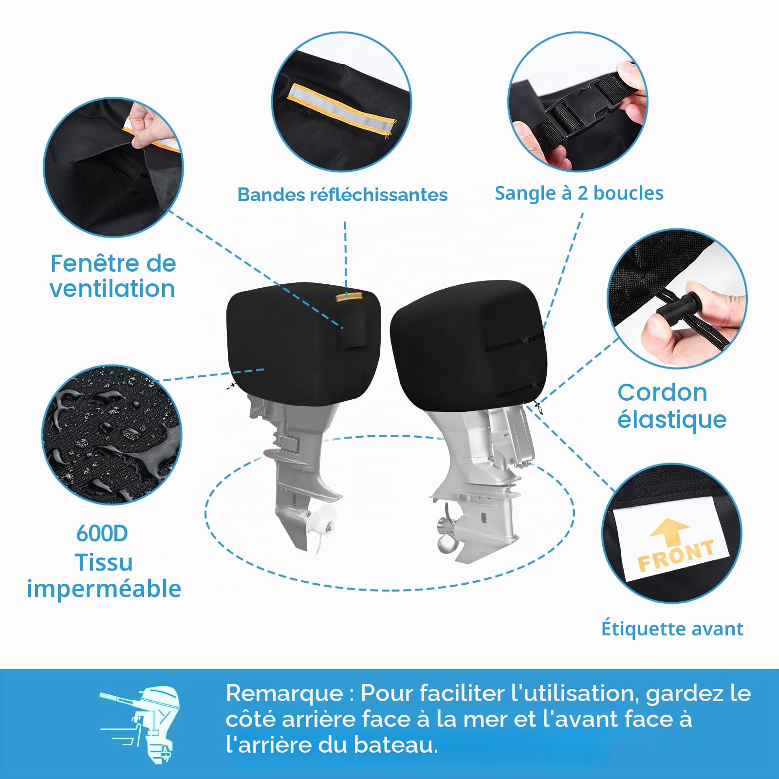 Demi-Couverture de Moteur Hors-Bord de Bateau, Housse de Protection pour Hors-Bord en 600D Oxford Imperméable avec 1 Bande Réfléchissante, 2 Coupe-Vent Boucle et Cordon de Traction Jusqu'à 60-100 HP
