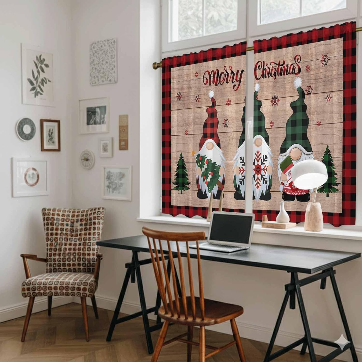 Christmas Gnomes Kitchen Tier Curtains 45 Inch Long 2 Panel Set,Rod Pocket Short Window Treatment,Xmas Snowflake Red Black Plaid Wooden Curtains & Drapes for Bathroom Basement 27.5"W x 45"L