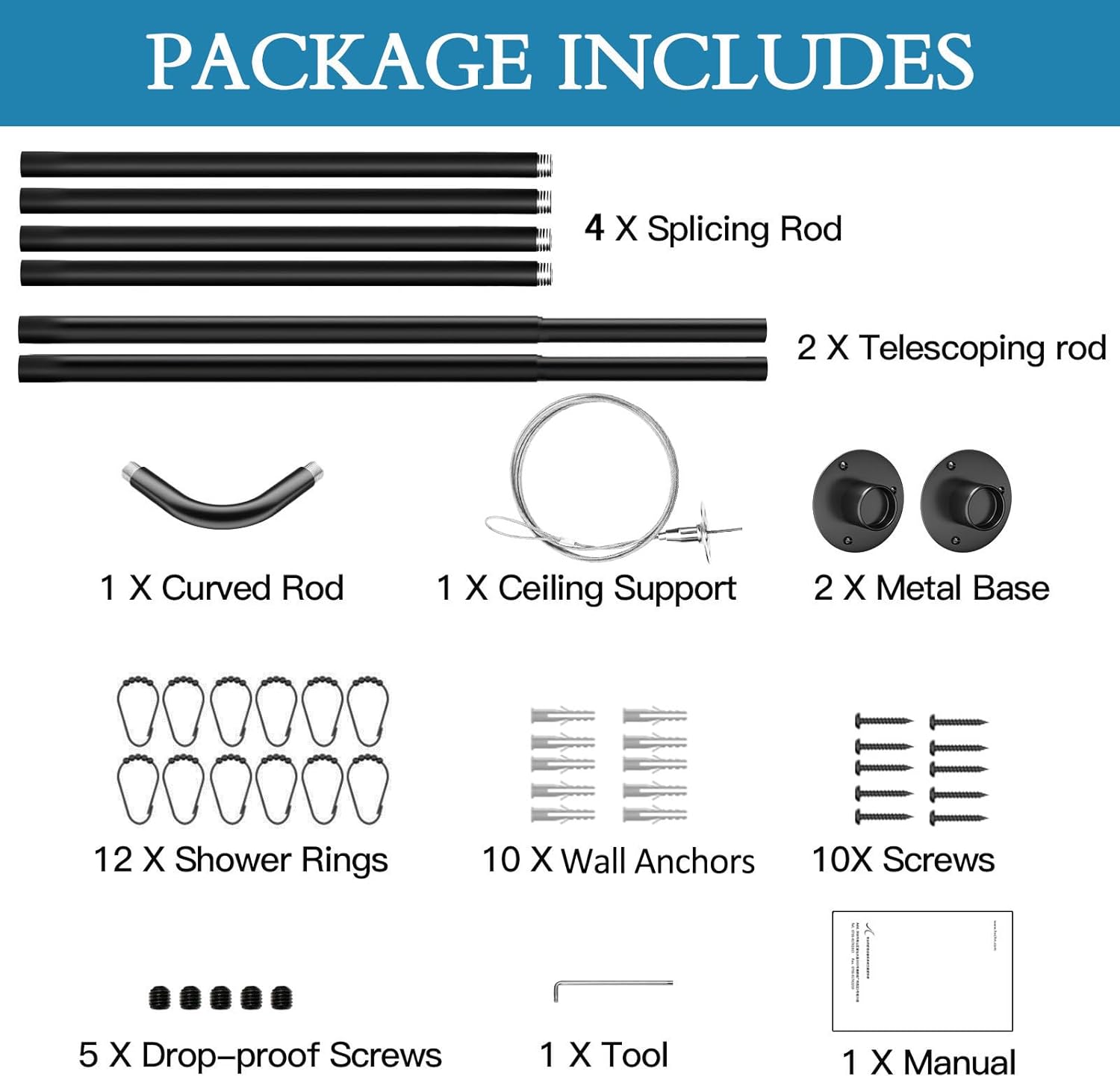 L Shaped Shower Curtain Rod, [39"-53"] x [71"-85"] Adjustable Corner Shower Curtain Rod, No Sagging Black Corner Shower Rod with 12 Ring Hooks & Ceiling Support for Bathroom, Bathtub