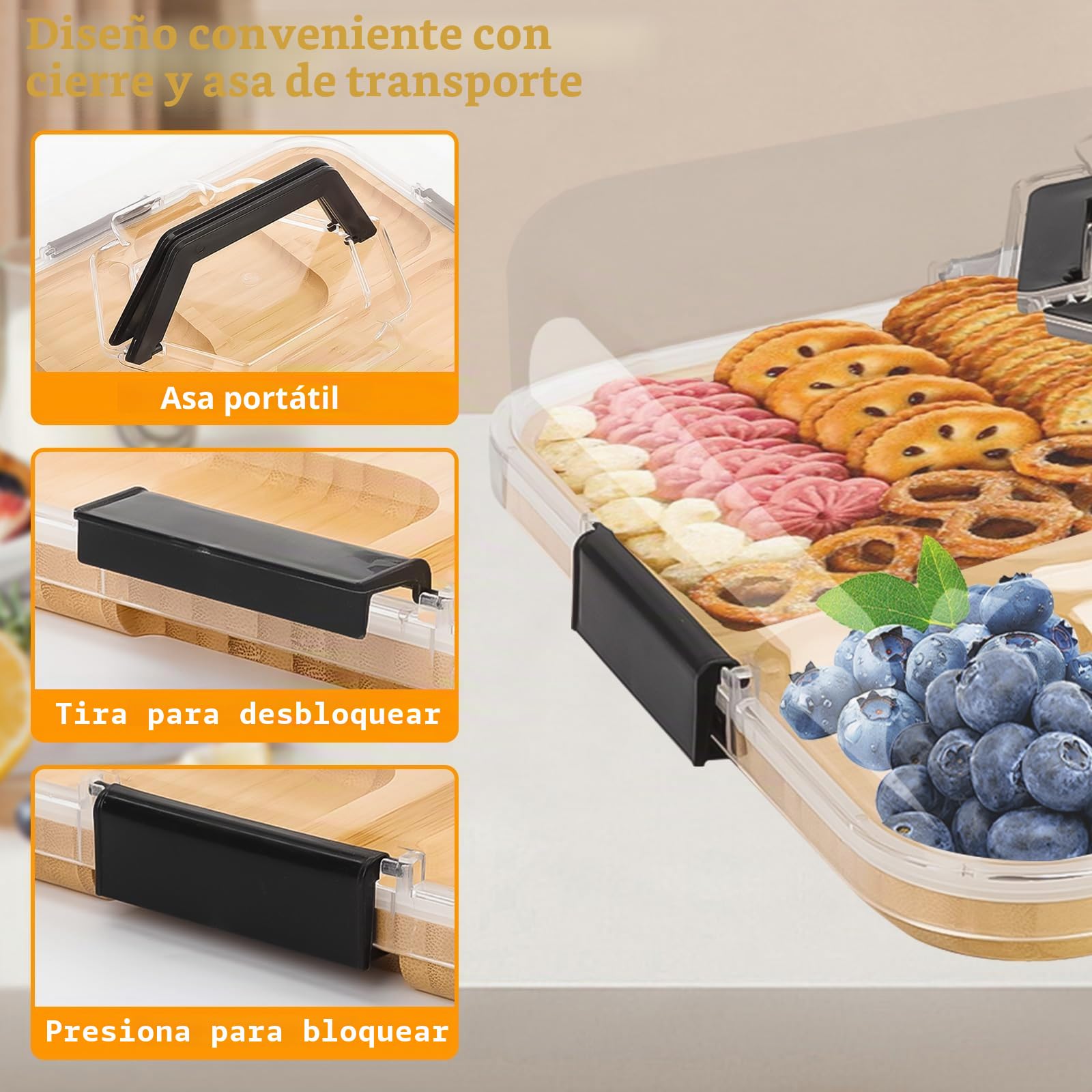 BigKing Bandeja para servir de bambú, bandeja de aperitivos con tapa y 6 ranuras, tabla de bambú para quesos, recipientes para frutas, aperitivos, dulces, verduras, nueces, picnics
