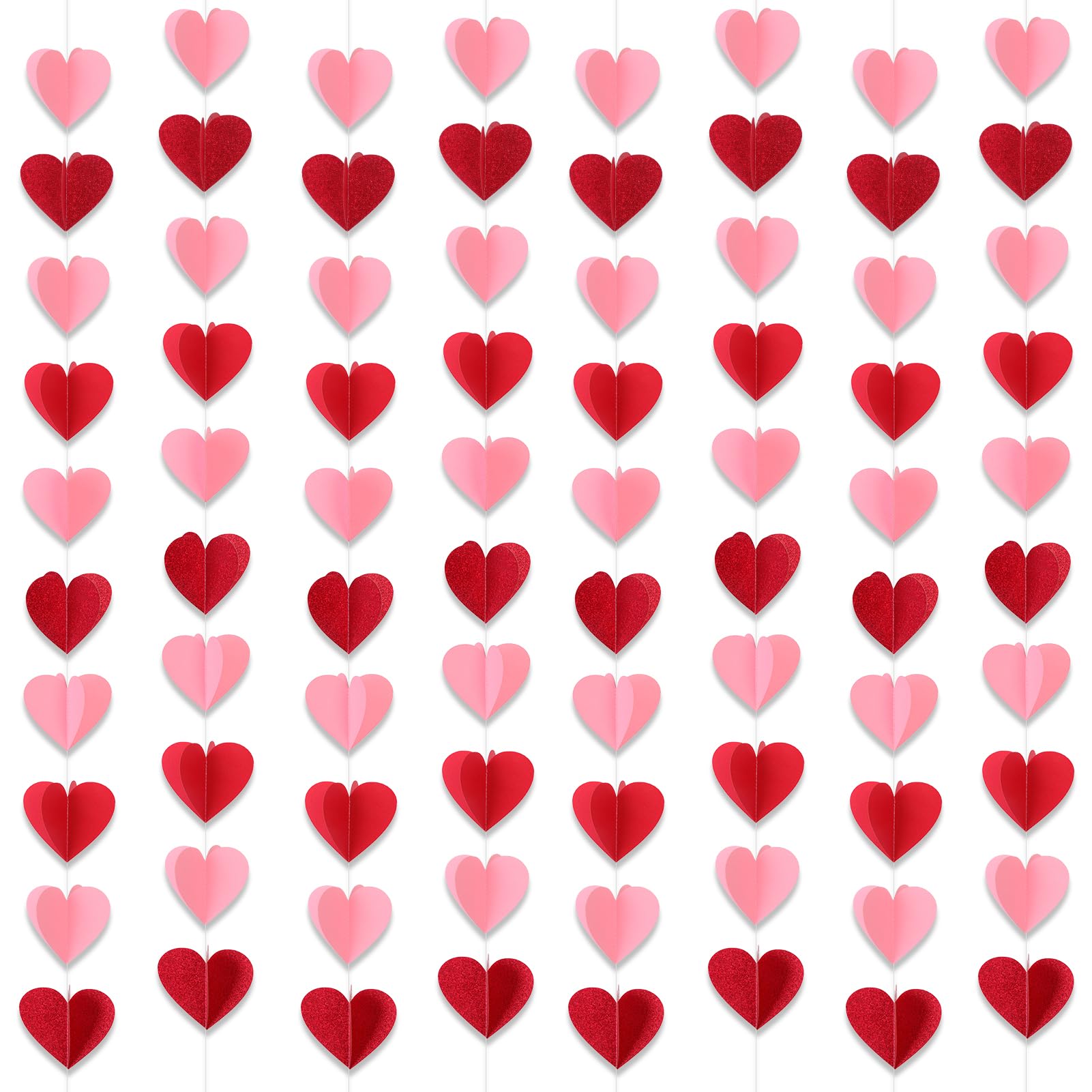DPKOW 80Pcs 3D Glitter Red Pink Heart Garlands Valentines Decorations Heart Paper Streamers Banner Valentine Galentines Decorations Engagement Wedding Anniversary Birthday Party Decor Hanging