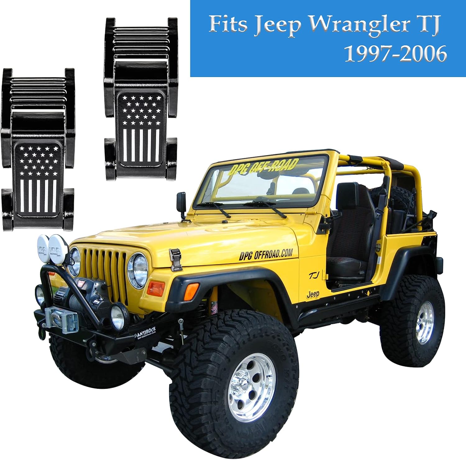 Buling TJ Hood Latches Improved Design Aluminum Hood Catch Latch kits Compatible with Jeep Wrangler TJ 1997-2006 (Texture Black US Flag)