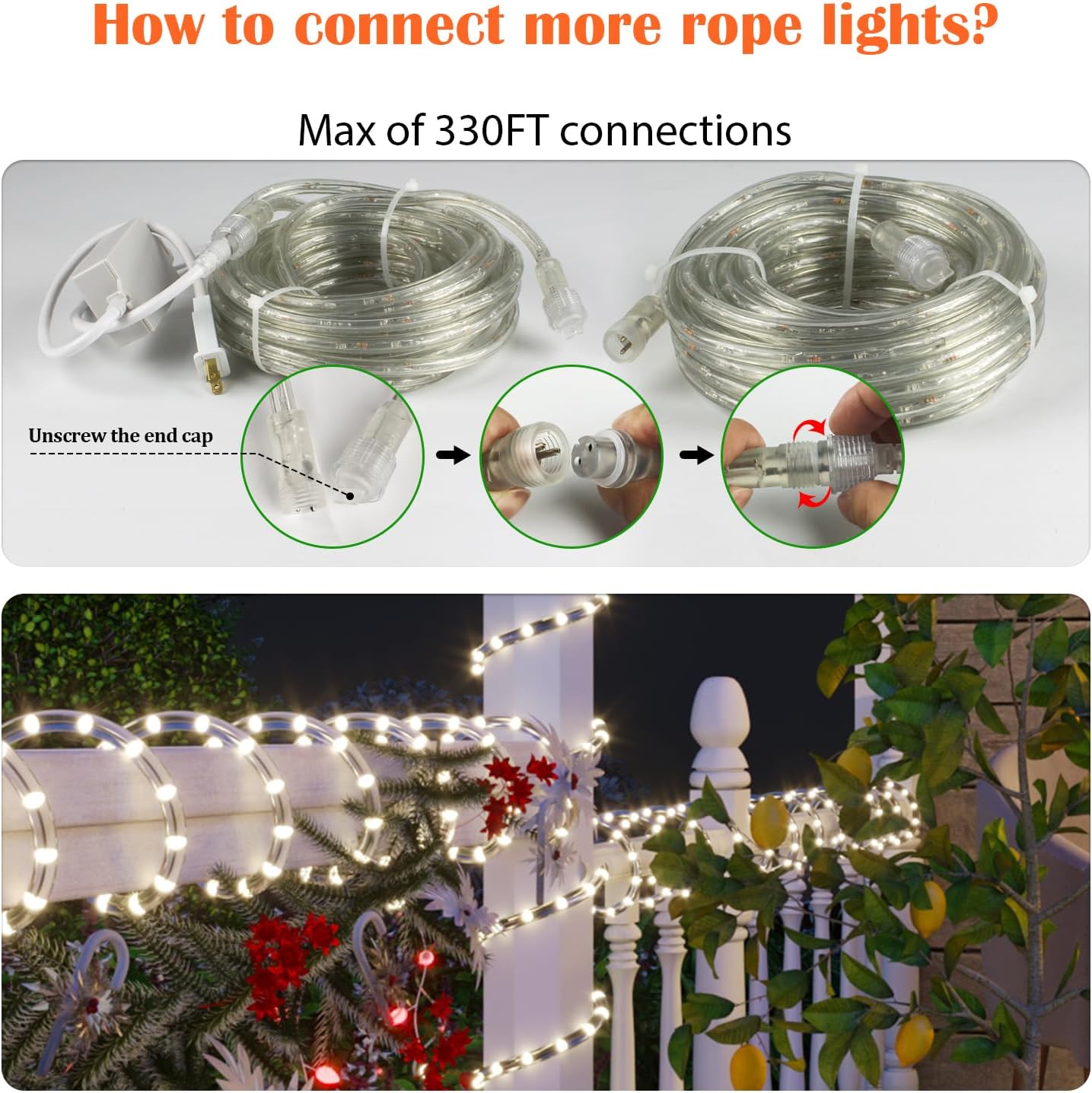 33FT LED Rope Lights Outdoor with Remote, 300 LED Cuttable Connectable Flexible Tube Lights with 8 Modes, 10 Brightness, Waterproof Rope Lighting for Garden,Patio,Pool,Room,Party,Christmas, Warm White