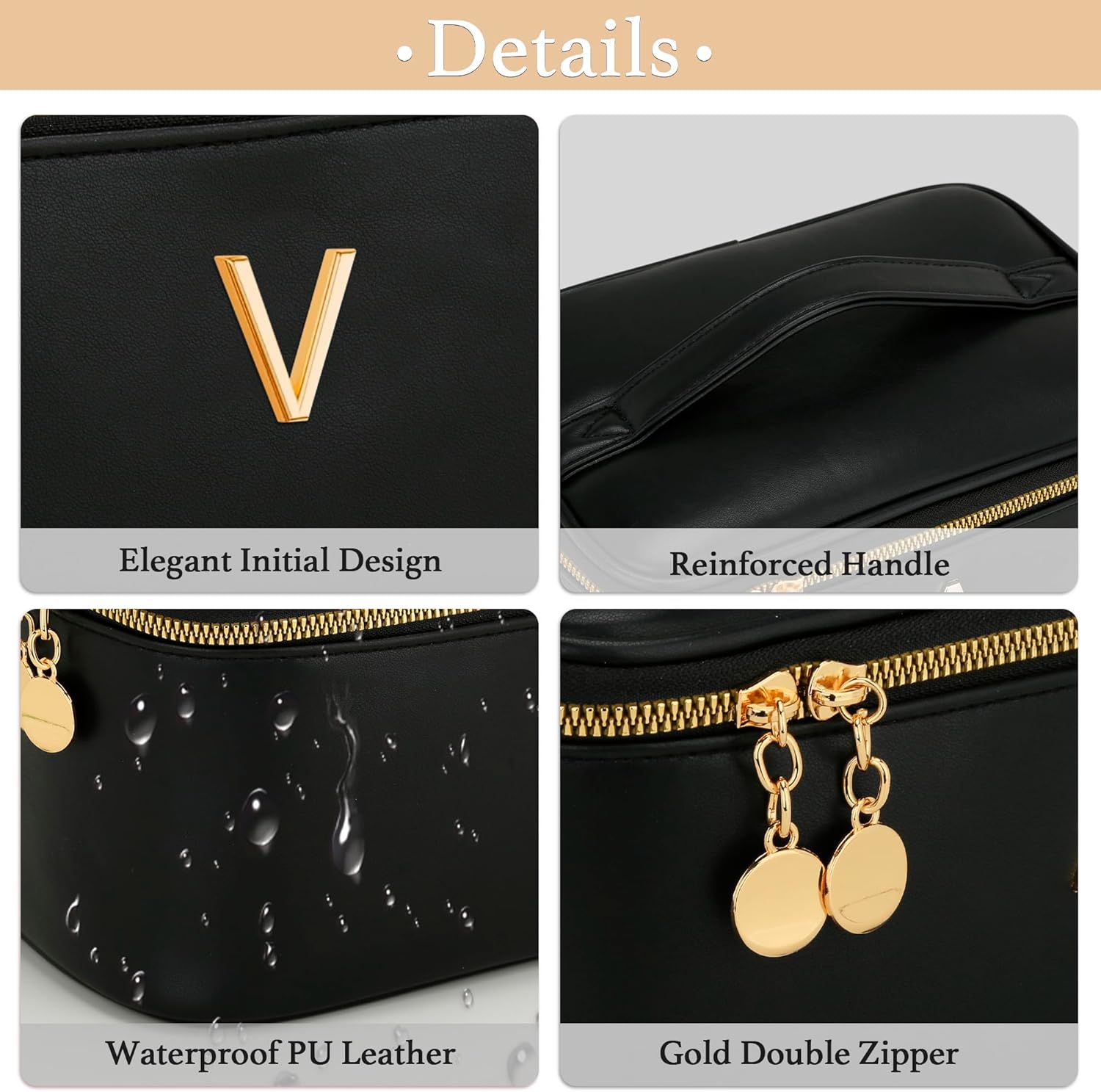 Personalized Initial Makeup Bag Gifts for Women, Large Travel Cosmetic Organizer with Handle & Divider, PU Leather Toiletry Bag for Girls, Birthday Bridesmaid Gift Set - Black - A