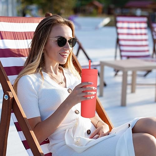 Miniatura 6 de Volhoply Vaso de 20 onzas con tapa y pajita, paquete de 8 vasos delgados de plástico de doble pared a granel, reutilizable, para viaje, lindo taza