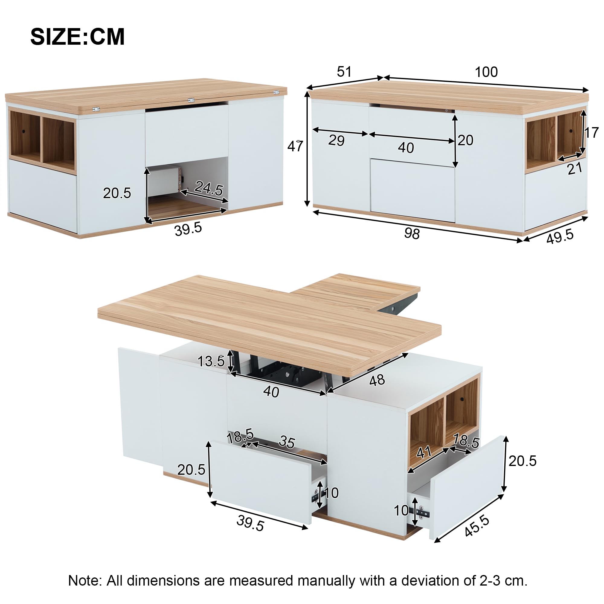 Tavolino da caffè multifunzione elevabile, design moderno 2 in 1, bianco e rovere, spazioso e pieghevole, perfetto per soggiorno, 100 x 51 x 47 cm, e pratica pelliccia per la casa