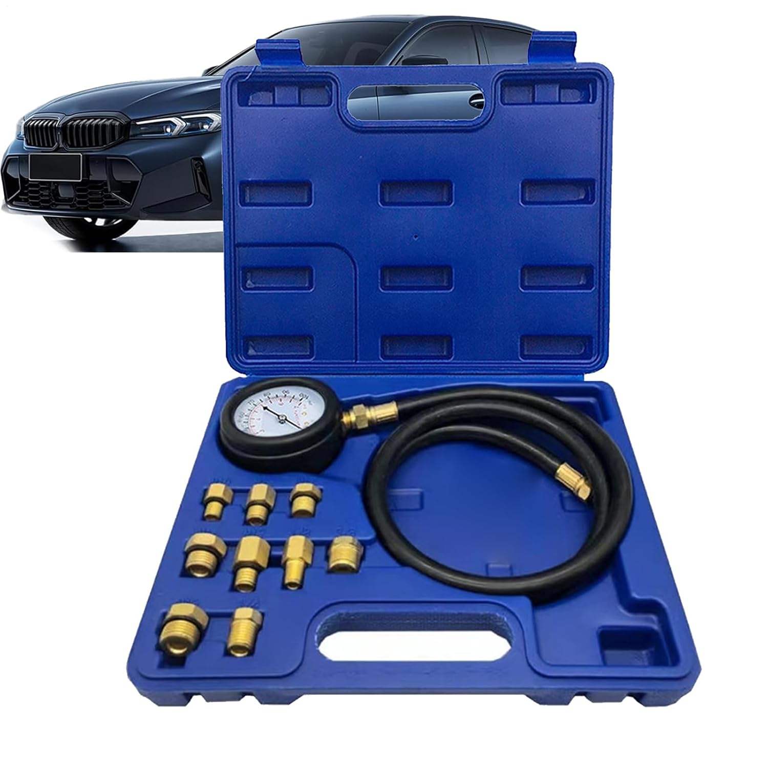 Engine Compression Test Kit | Oil Engine Pressure Detector | Double Scale Range Car Diagnostic Tool, Long Reach Hoses, Case for Automotive Enthusiasts