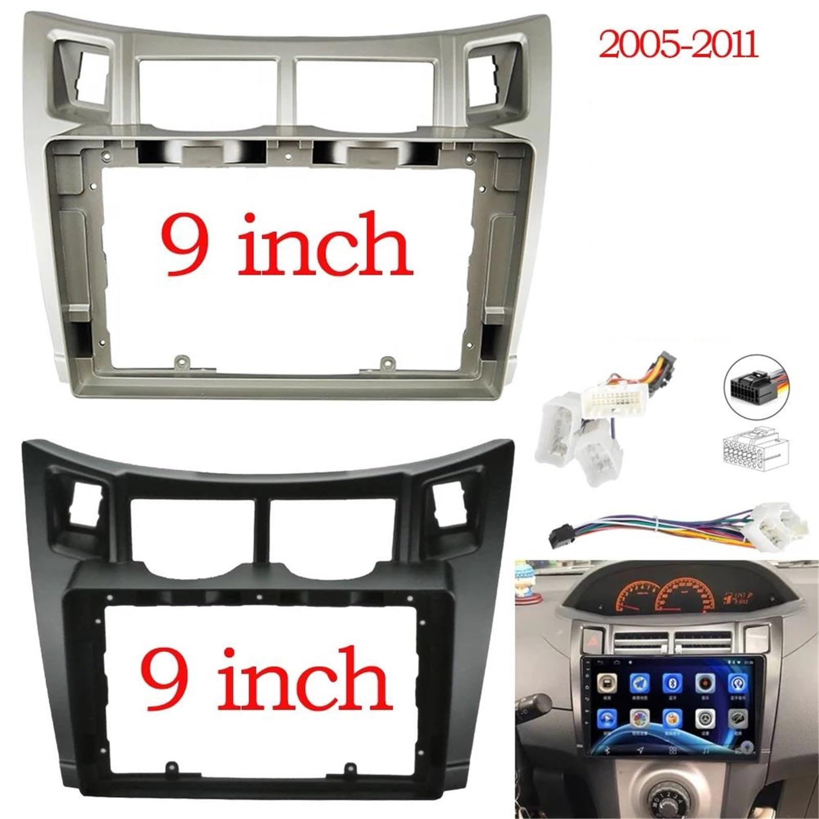 Générique Cadre de façade d'autoradio Cadre Radio Stéréo Voiture 2 Din Kit D’Outils Habillage Couverture Panneau 9 Pouces pour Yaris pour Vitz pour Platz 05–11 Autoradio Tableau de Bord(Argent,1 Jeu)