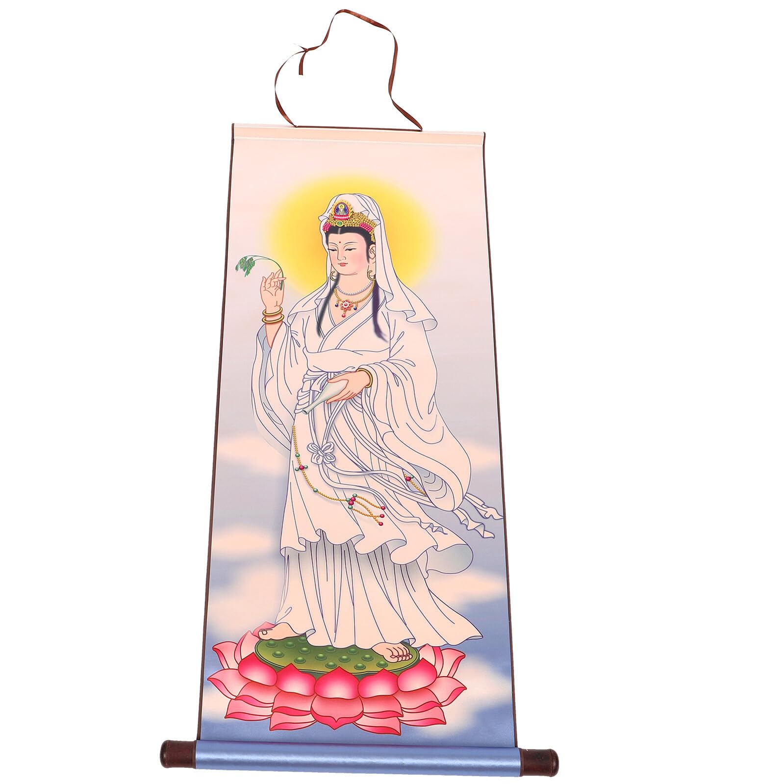 Peinture murale religieuse Avalokitesvara suspendue en tissu et bois pour salon et temple