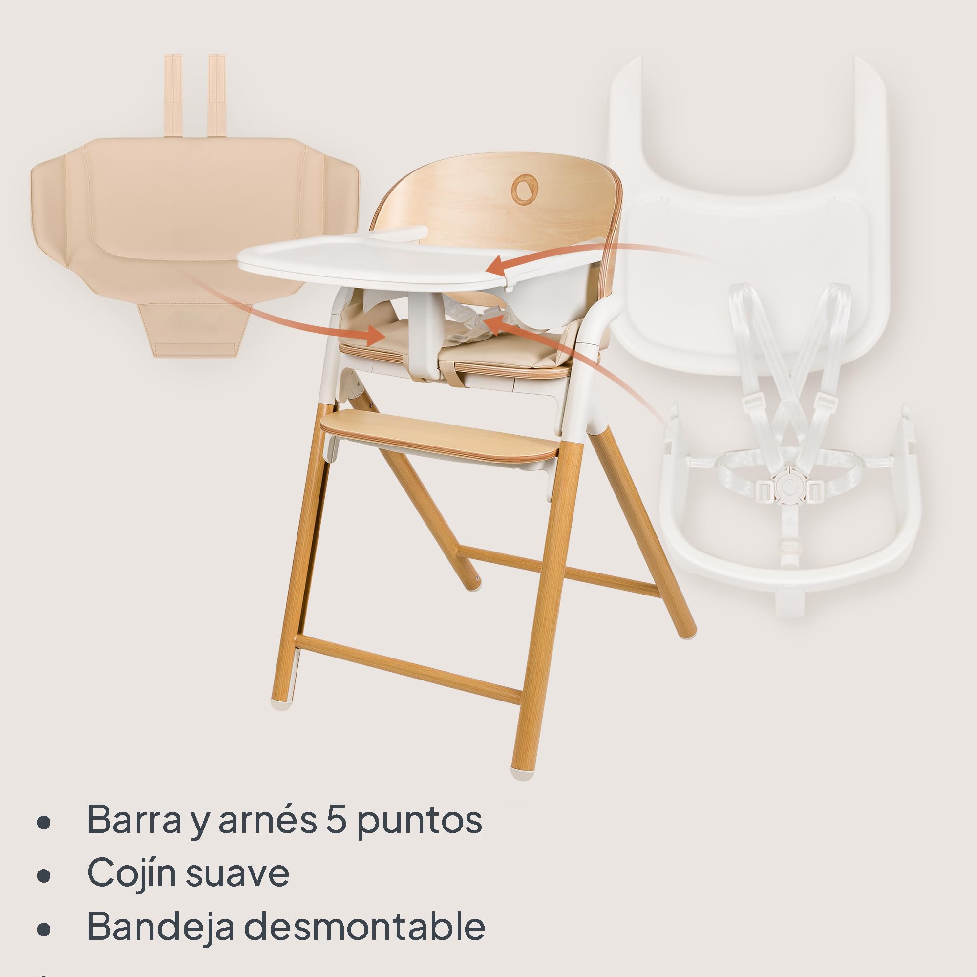 Lionelo Celia Trona Evolutiva de Madera 3‑en‑1 – Crece con el Niño (6 m‑90 kg) | Reposapiés Ajustable, Arnés 5 Puntos, Cojín y Bandeja Fácil de Limpiar