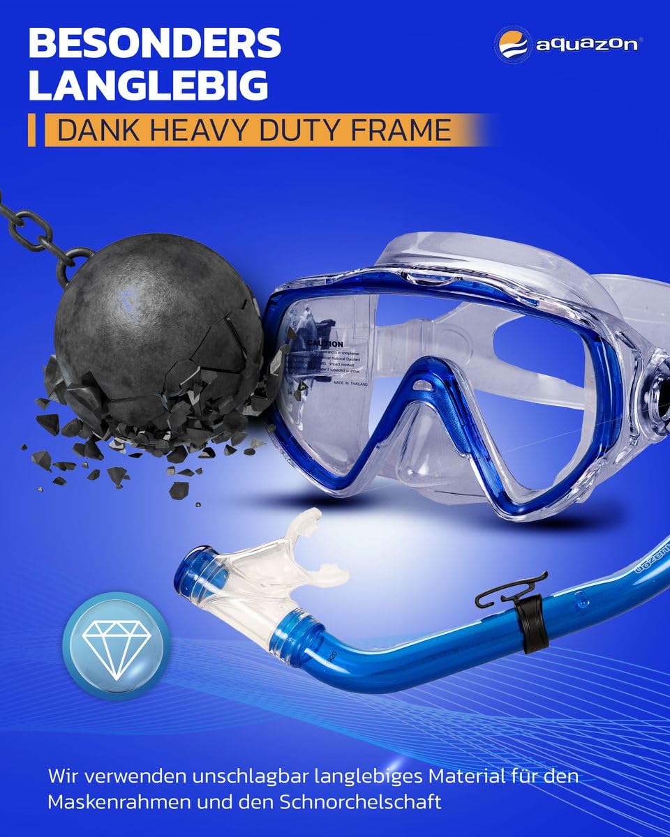 AQUAZON Miami Schnorchelset, Schwimmset, Tauchset, Taucherbrille mit Anti Fog Tempered Glas, Silkon, Semi Dry Schnorchel, verstellbare Flossen für Kinder