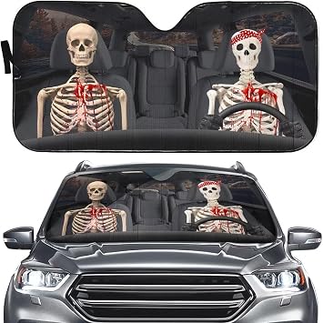 Skeleton Driver Windshield Sunshade,Halloween Scary Car Front Window Sun Shade,Skull Windshield Sun Shades Foldable Sun Visor Protector Block Cover Reflector Sunshield for Truck Car SUV