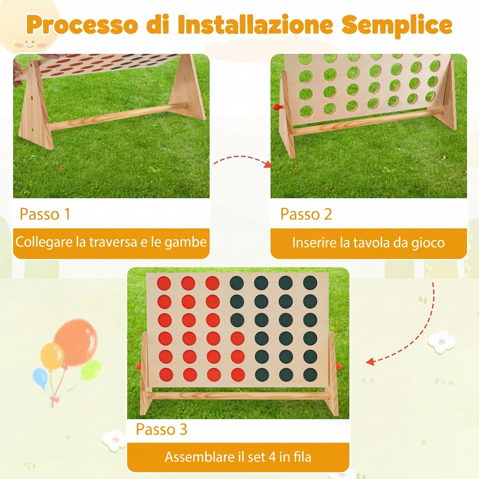 COSTWAY Forza 4 con 42 Pedine e Cornice in Legno di Pino, Gioco 4 in Linea da Interno ed Esterno, Gioco da Tavolo per Famiglia, Bambini, Adolescenti e Adulti