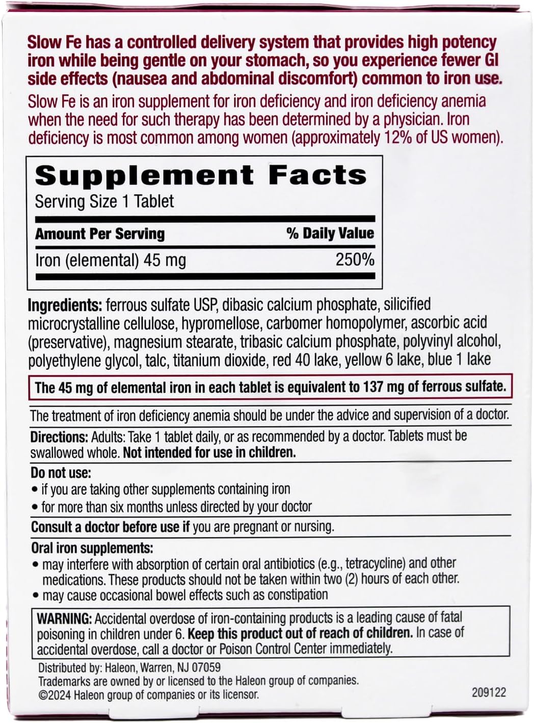 Slow Fe, High Potency Iron 45 mg, Slow Release - 60 Tablets - Pack of 2