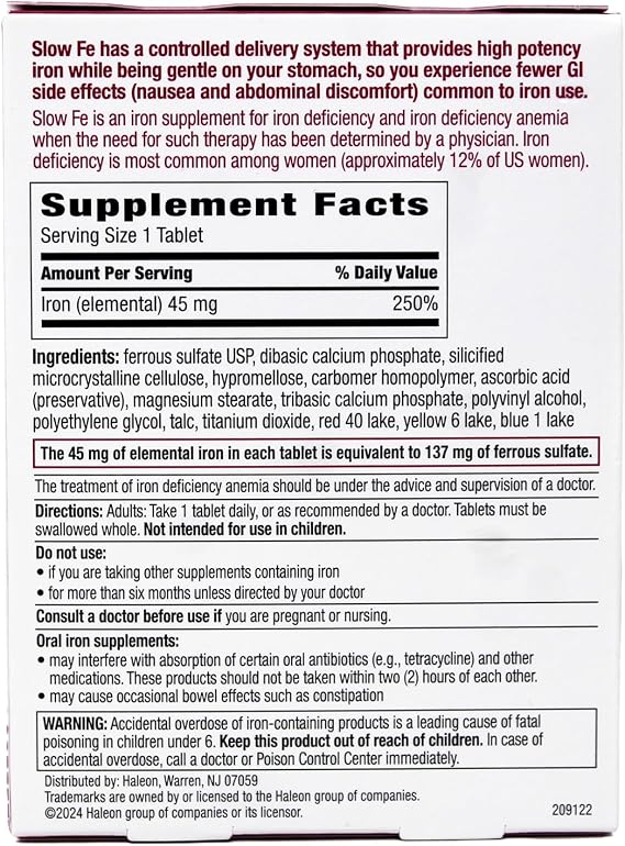 Slow Fe, High Potency Iron 45 mg, Slow Release - 60 Tablets - Pack of 2