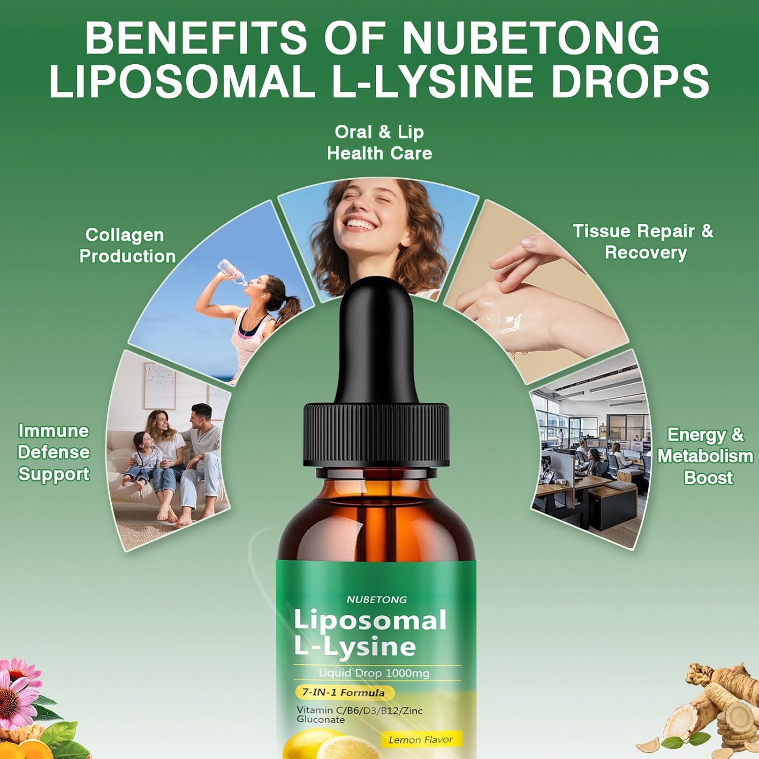 Liposomal L-Lysine Liquid Drops 1000mg – 7-in-1 Lysine Supplement with Vitamin C D3 B6 B12 Zinc & Immune Support Blend, Lemon Flavor, for Lip & Oral Health, Collagen & Immune Support, Vegan, Non-GMO