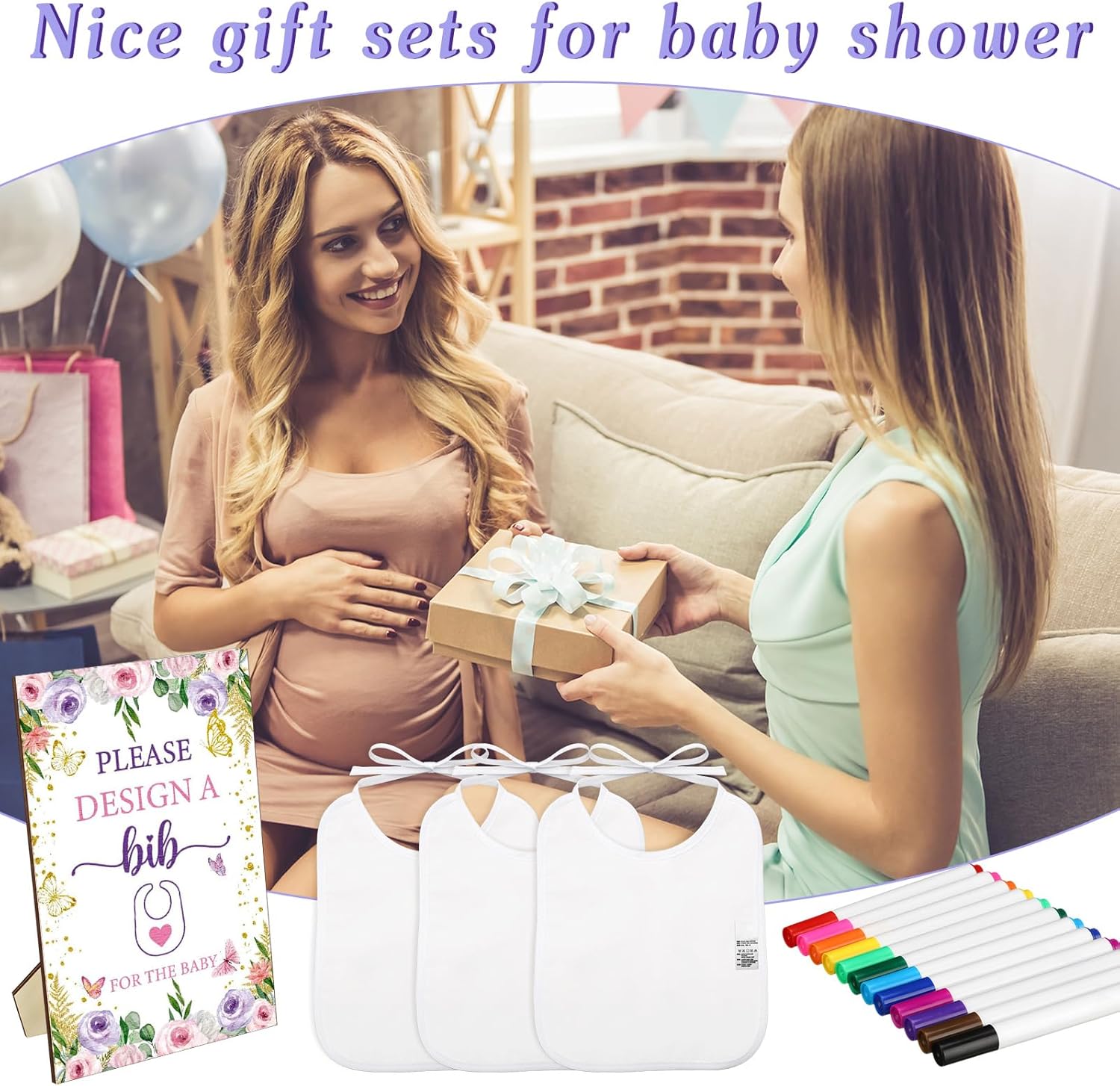 Qeeenar 50 Pcs Baby Shower Game White Bib Kit Include 1 Wooden Baby Shower Game Sign 25 DIY Blank White Bibs 24 Colorful Markers(Butterfly)