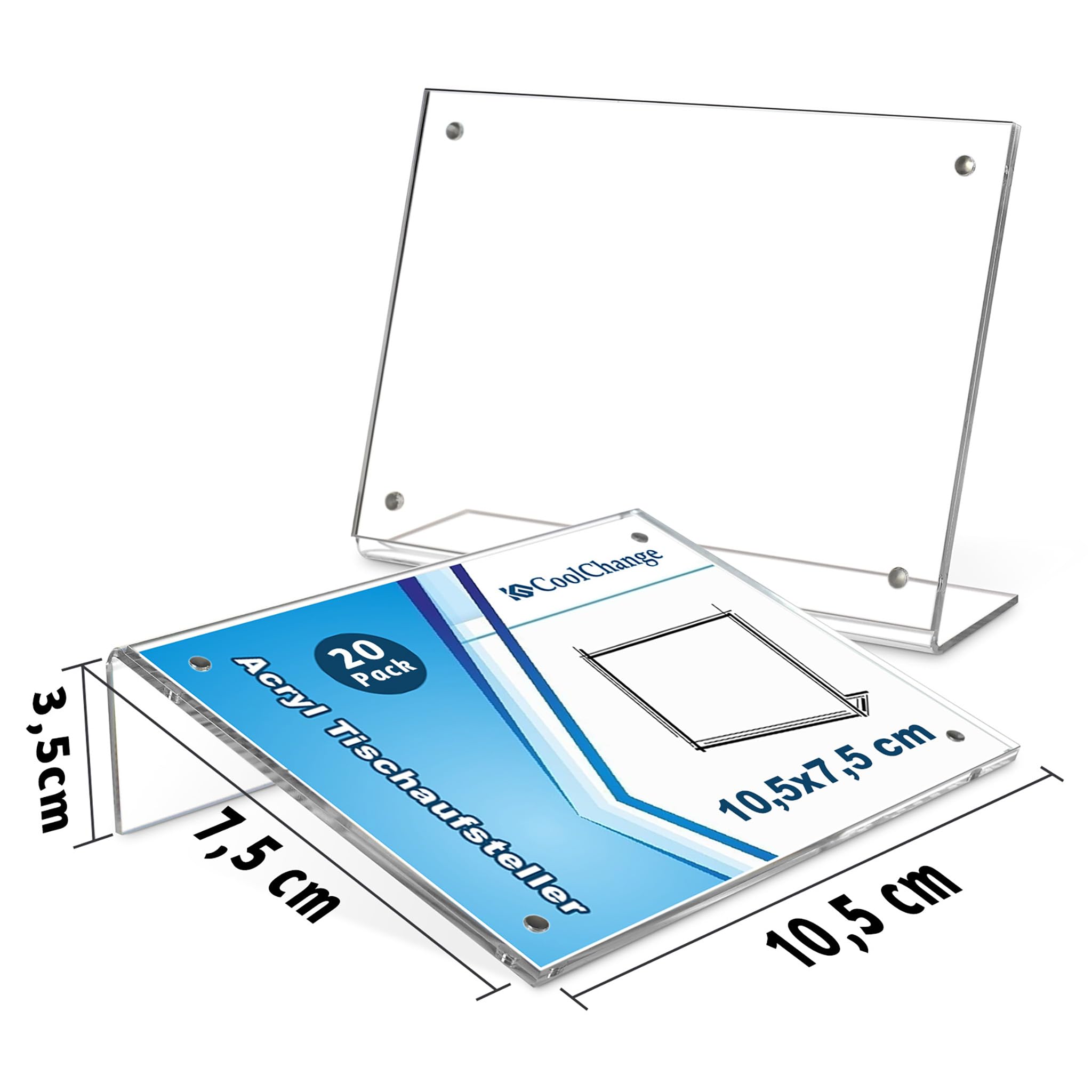 CoolChange espositori da tavolo in acrilico con chiusura magnetica | Supporti a L trasparenti per foto, cartellini e info | Formati DIN A7, A6, A5 – Disponibili in varianti (20, 105x75mm / Formato A7)