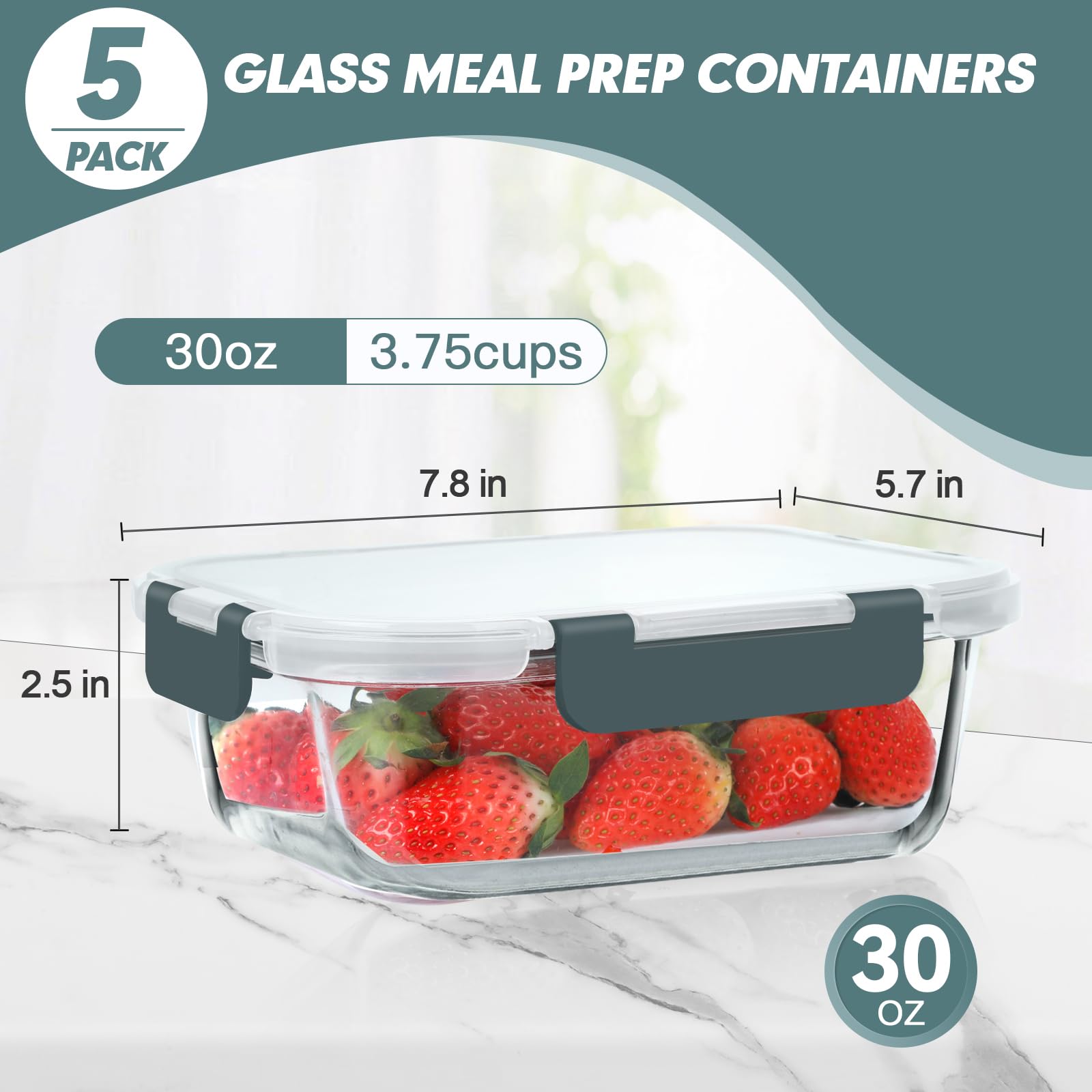 KOMUEE Paquete de 5 recipientes de vidrio para preparación de comidas, recipientes de almacenamiento de vidrio con tapas, aptos para lavavajillas, microondas, horno y congelador