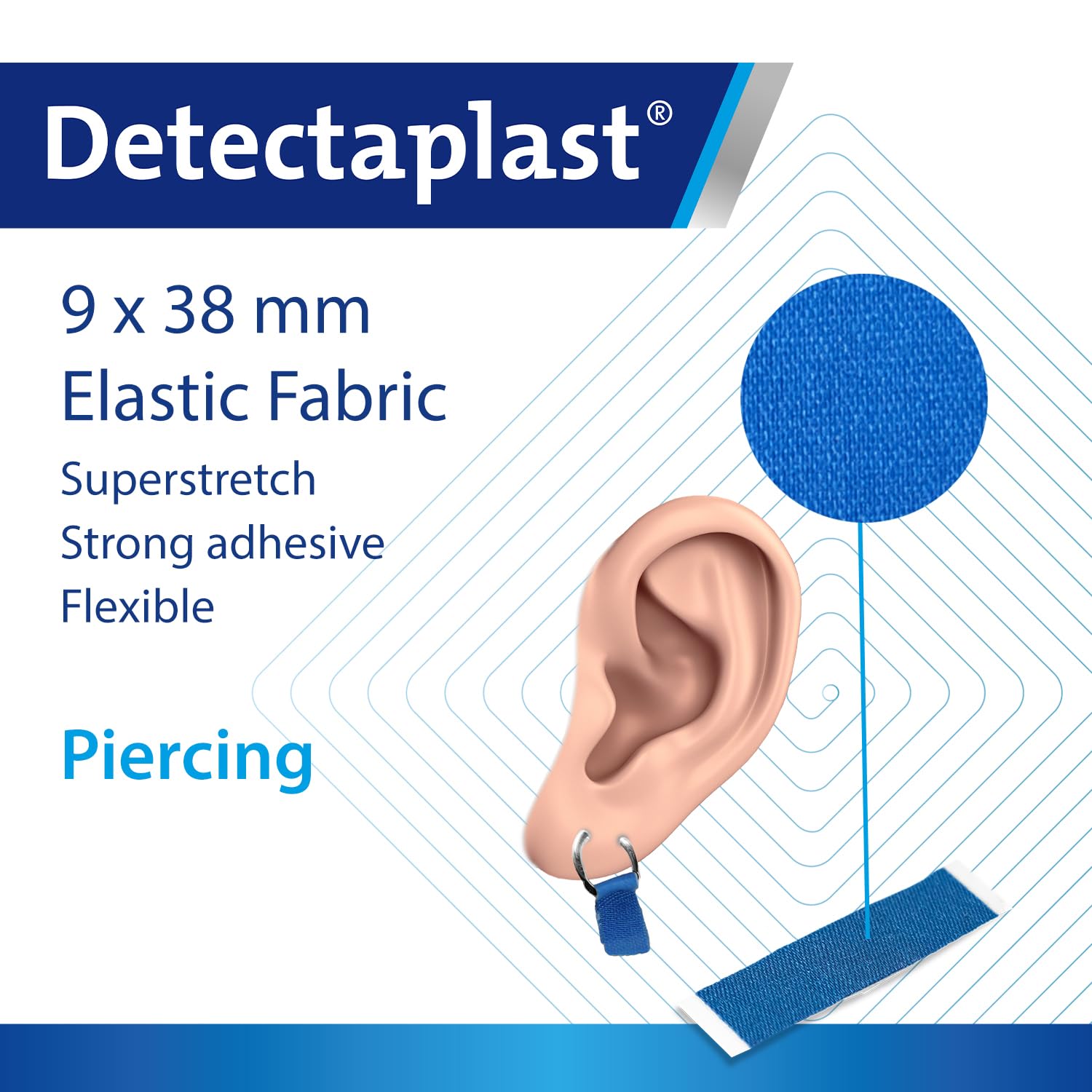 Niebieskie plastry Detectaplast Elastic, elastyczne plastry wykrywane przez detektory metalu, do apteczek dla cateringu i branży spożywczej, pomoc kuchenna, 9x38 mm (kolczyki), 50 szt.