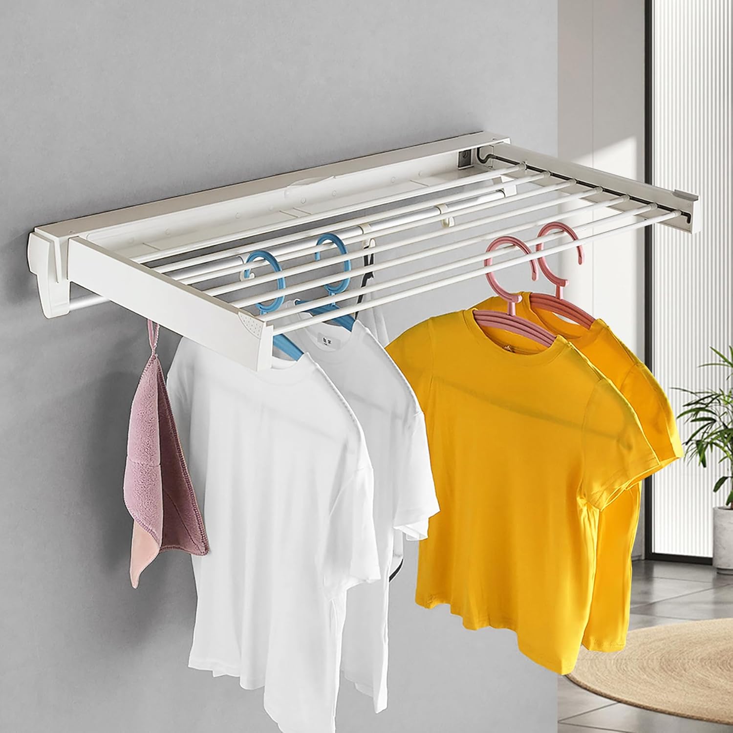 Laundry Drying Rack,Drying Rack Clothing,Wall Mounted Laundry Rack,Clothing Rack Wall Mount,Retractable Clothes Rack,Collapsible Clothes Drying Rack,Foldable,(Plastic-White