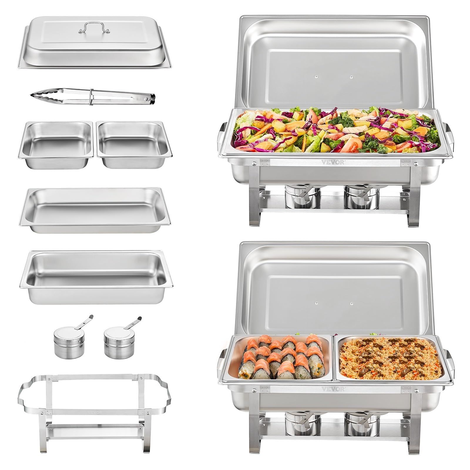 Juego de 2 Platos de frotamiento 8QT, Juego de bufé de Acero Inoxidable con 2 sartenes Completas y 4 de tamaño Medio, Servidor Calentador de Catering Rectangular con Tapa