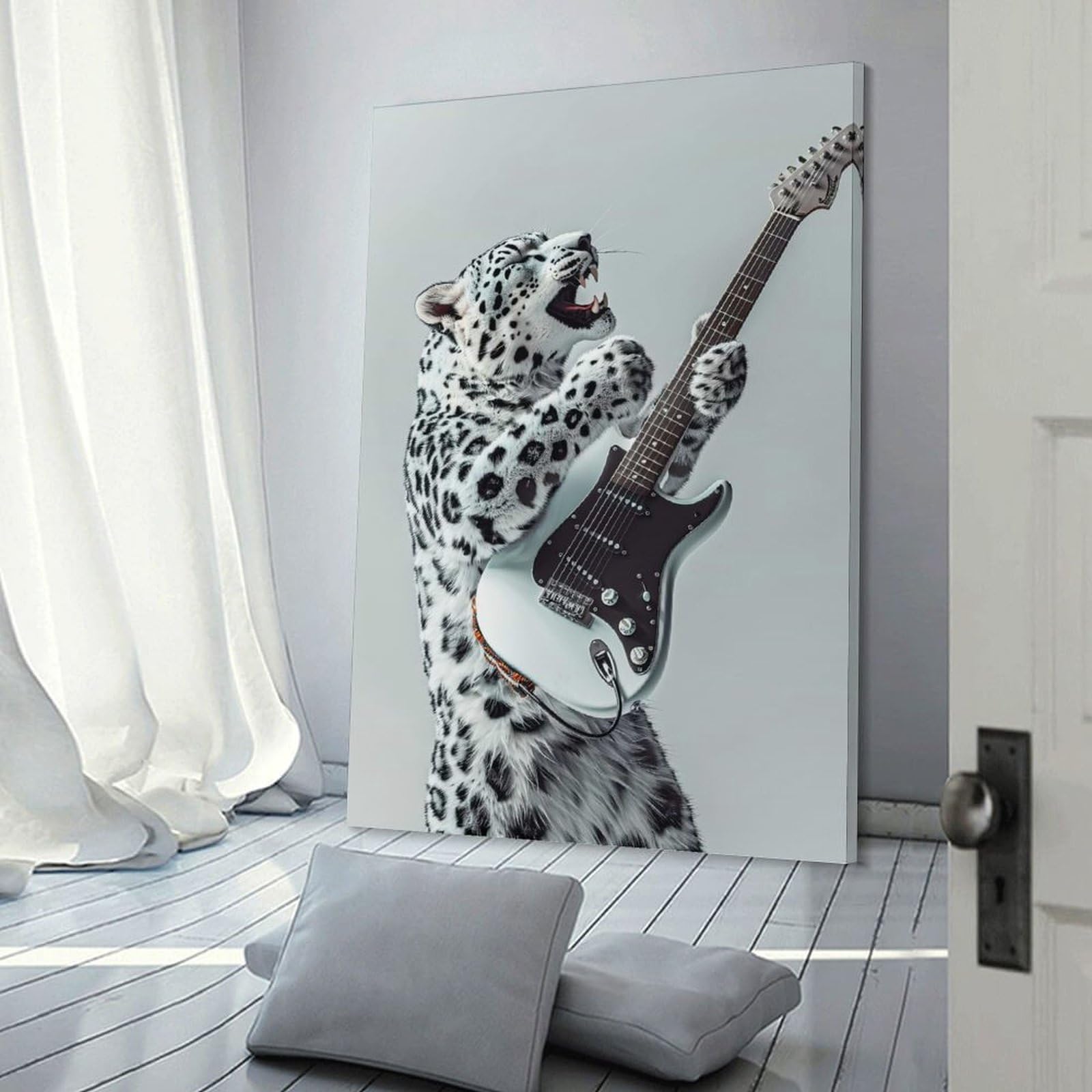 Junmoney Snow Ocelot Guitar Hanging Wall Art 24x36inch(60x90cm), for New Homes, Bedrooms Or Workspaces, Thoughtful Wall Decor for Art Lovers