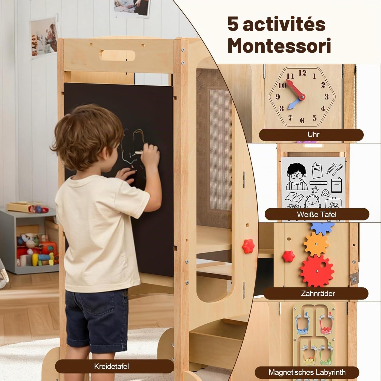 Pliable Tour d'apprentissage, 5 en 1 Tour d'apprentissage pour Enfants, Montessori Tour d Observation en Bois,Réglable en Hauteur, avec Tableau Noir, Jouets magnétiques, Pré-assemblé