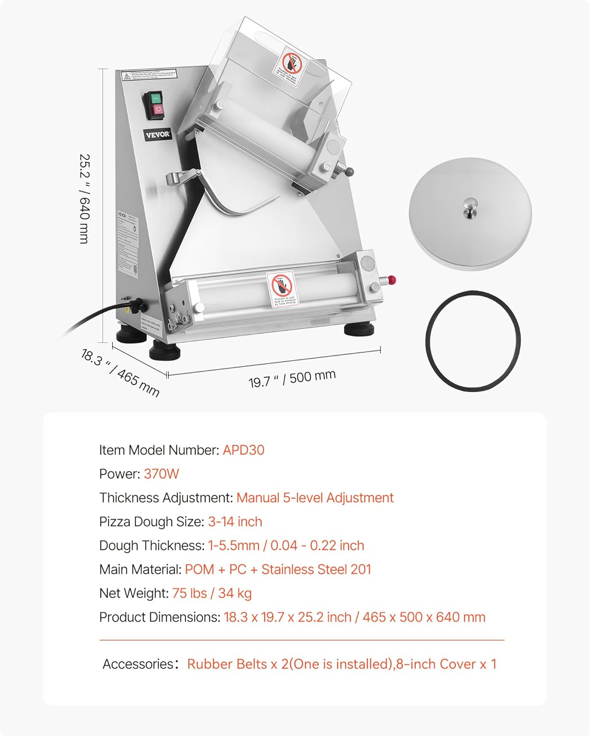 Dimensions and specifications of the VEVOR APD30 Pizza Dough Roller Sheeter