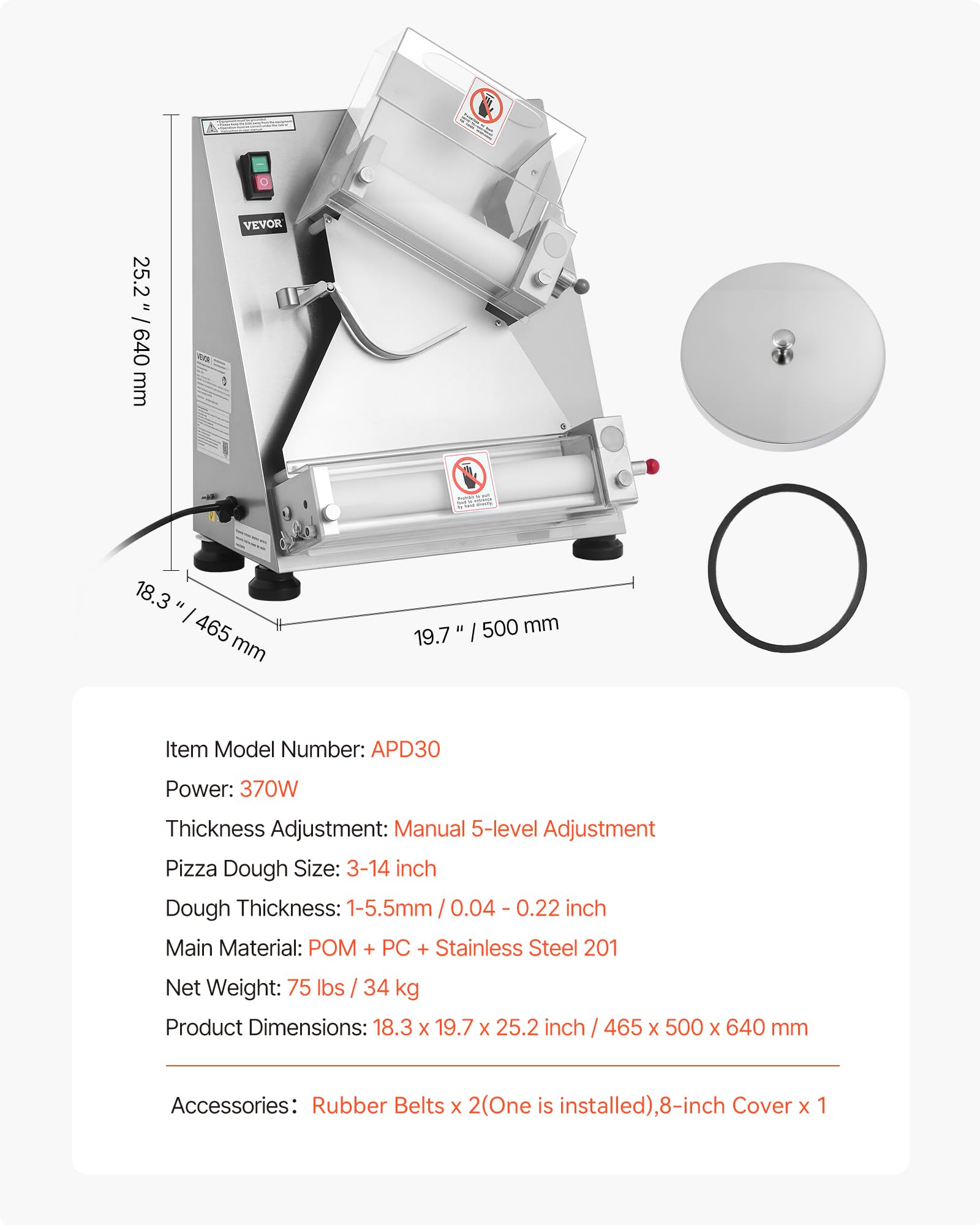 VEVOR Formeuse à pizzas, 7,6 à 35,5 cm, presse à pâte électrique commerciale 370 W, 260 feuilles par heure, laminoir à pâte à pizza automatique en acier inoxydable, épaisseur réglable, avec couvercle