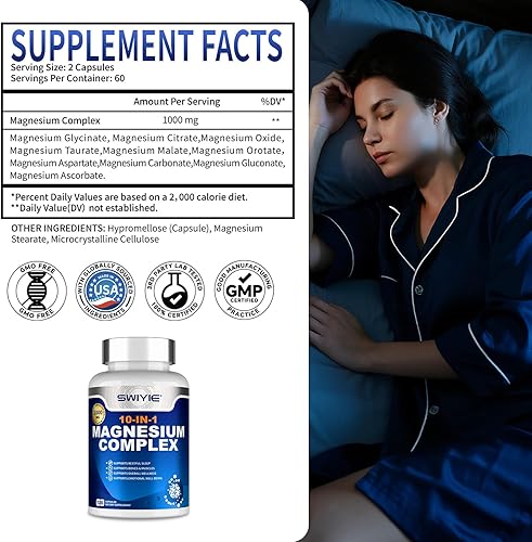 Miniatura 7 de Suplemento de complejo de magnesio 10 en 1  Glicinato de magnesio de alta absorción, citrato, malato, taurato, óxido, carbonato y más  Apoya el