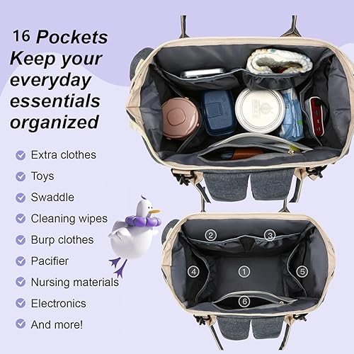 Miniatura 4 de Mochila para pañales con cambiador  Gran capacidad, 16 bolsillos, puerto USB, mochila de viaje impermeable para mamá y papá  Funda para chupete  Gris