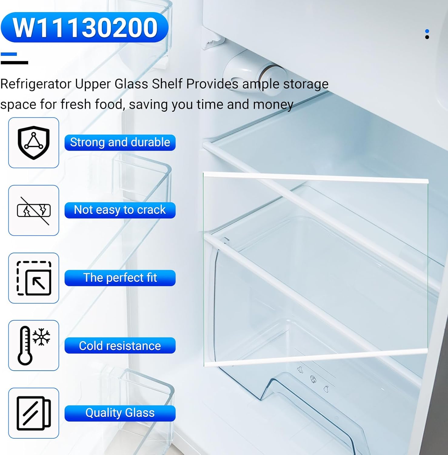W11130200 Fridge Tempered Glass Shelf Compatible with Whirlpool WRS571CIDM00, WRS571CIHZ00, WRS571CIHW04, Refrigerator Glass Freezer Shelves Replacement W10561292 W10773885, dimensions 17.5" x 13"