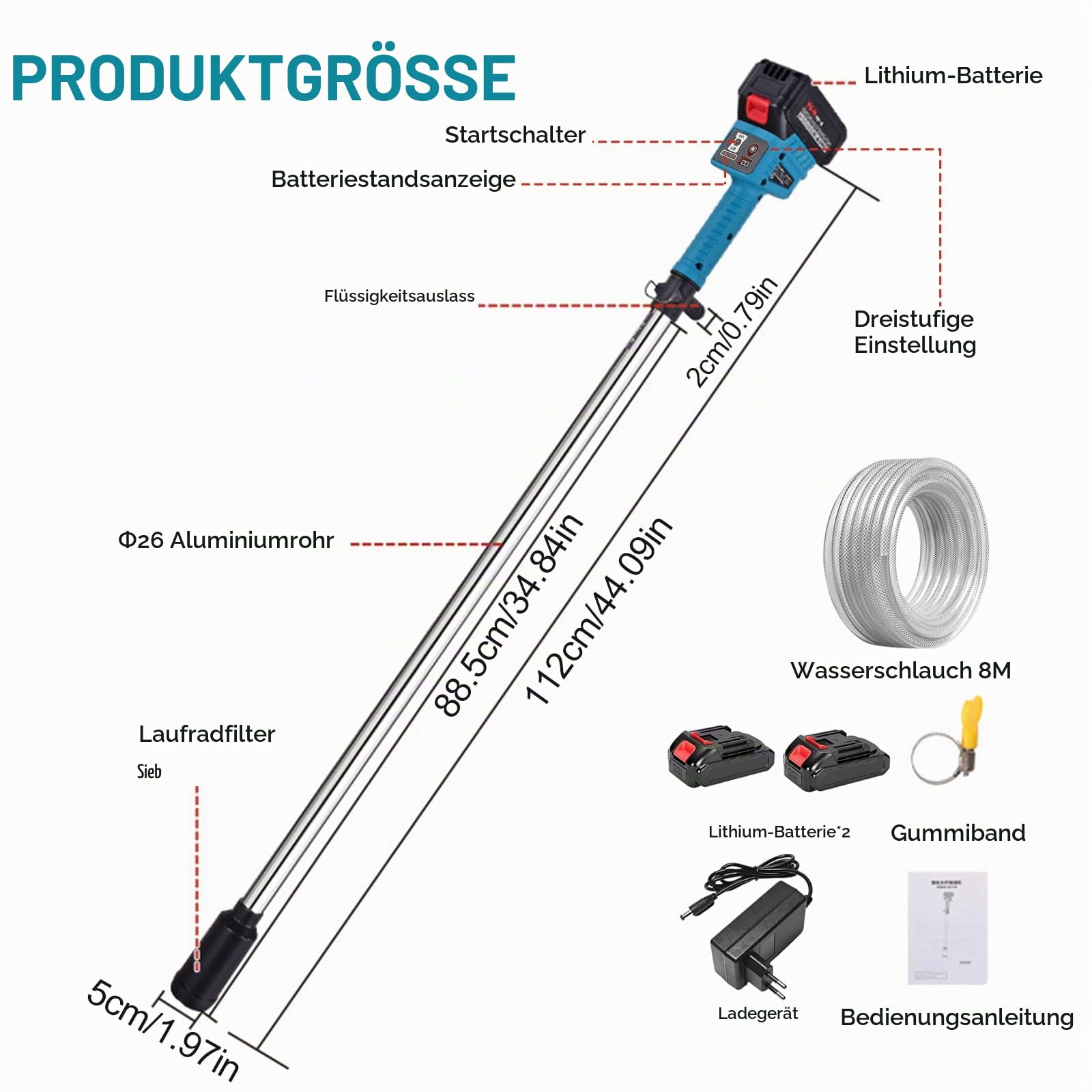 Akku Regenfasspumpe 21V, Regenfasspumpe Akku mit 2×1500mAh Akku und 8m Schlauch, Bürstenlos Motor,3-stufiger Durchfluss, max.Fördermenge 3000 L/h, Förderhöhe 8 m, für Garten Pool Wohnmobil Regentonne