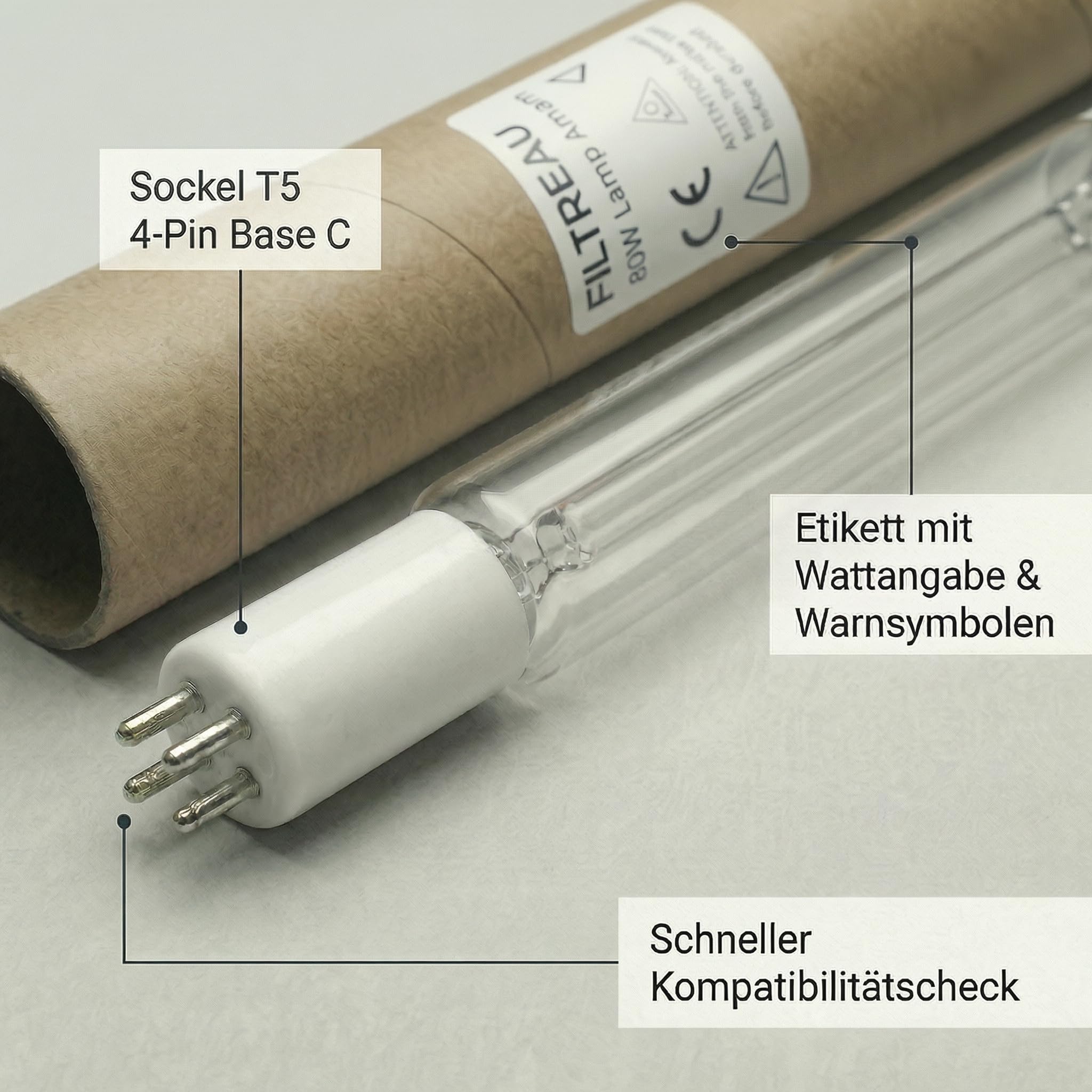 Pondlife Tauch-UVC Amalgam Ersatzröhre 80W, UVC Lampe für Teich, Sockel T5 4‑Pin (Base C), Baulänge inkl. Pins 65,7 cm, Ø 17–18 mm, ca. 16.000 h Brenndauer