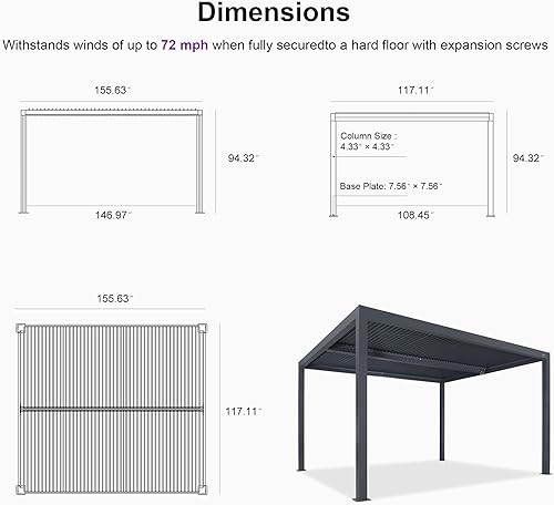 Miniatura 31 de PURPLE LEAF Pérgola 94AS con listones de aluminio para exteriores de 12 x 20 pies con techo ajustable para terraza, patio trasero, jardín, kiosco