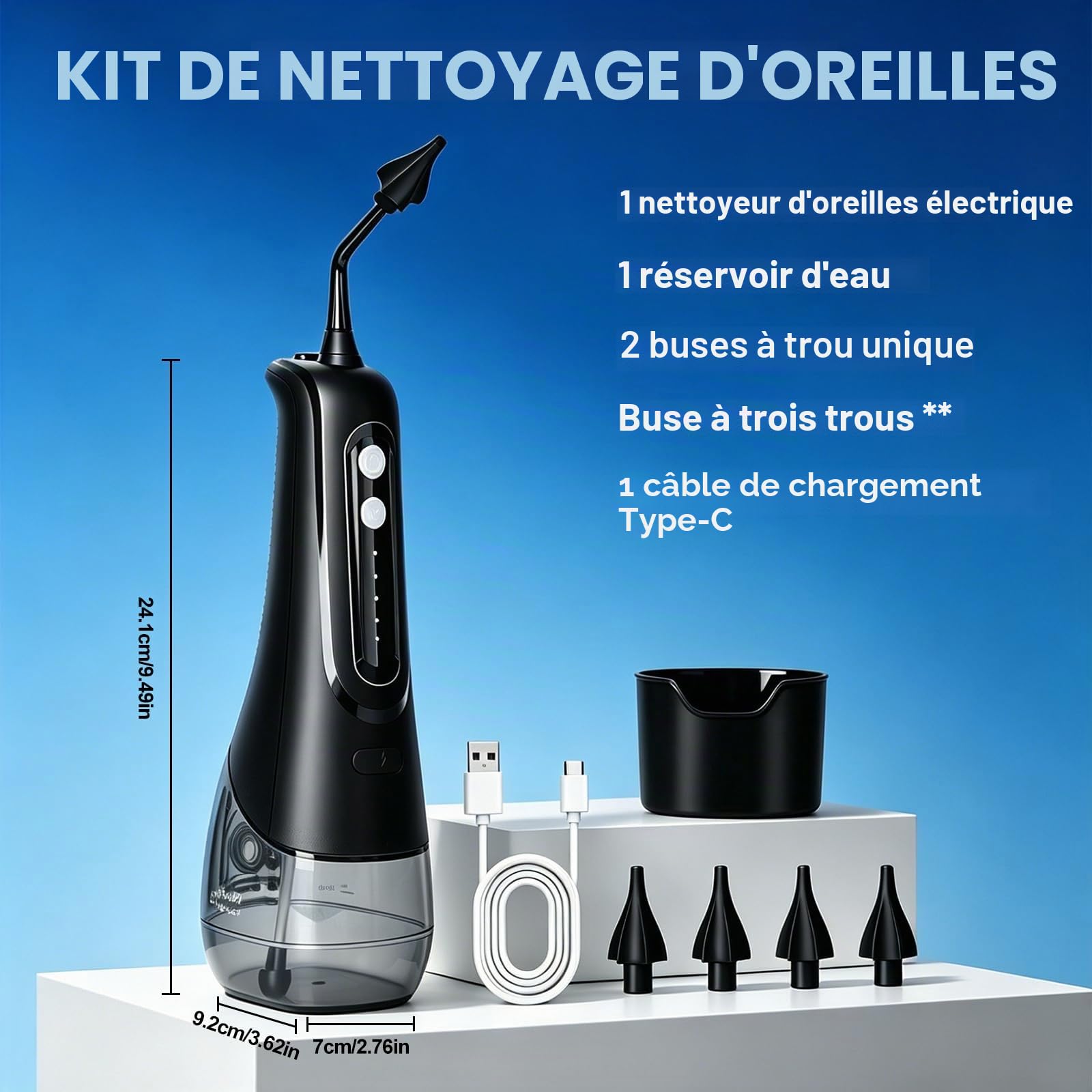 Nettoyeur d'oreille électrique avec 4 modes de pression, étanche IPX7, douche d'oreille avec 4 buses, rinçage des oreilles pour usage domestique, nettoyant auriculaire pour enfants adultes, noir