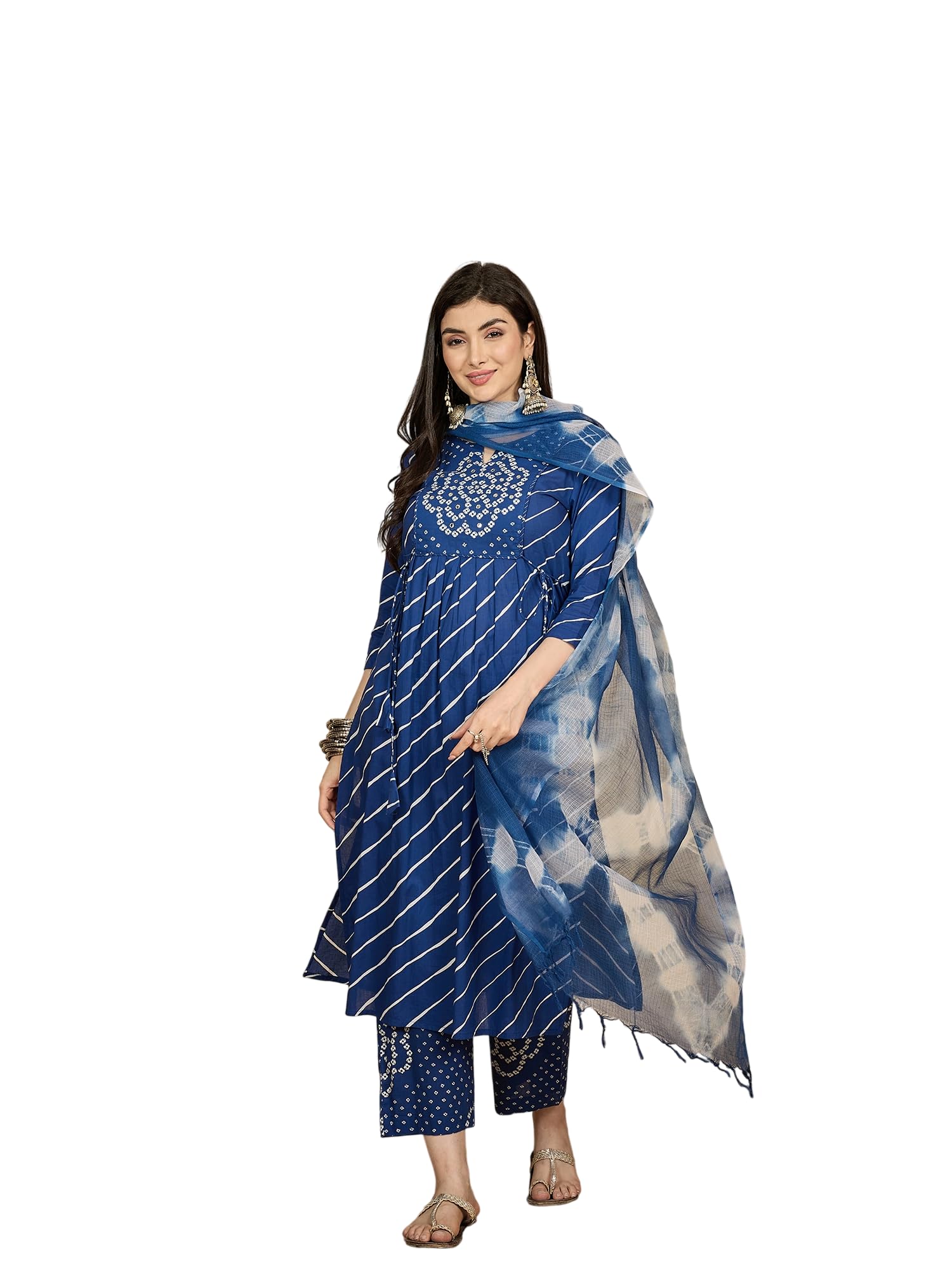 Women's Cotton Printed Round Neck Flared Kurta Suit Set-image-16