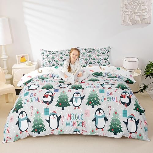 Erosebridal Juego de ropa de cama Feliz Navidad con funda de edredón de pingüino para niños, niñas y mujeres, regalos de árbol de Navidad, funda de