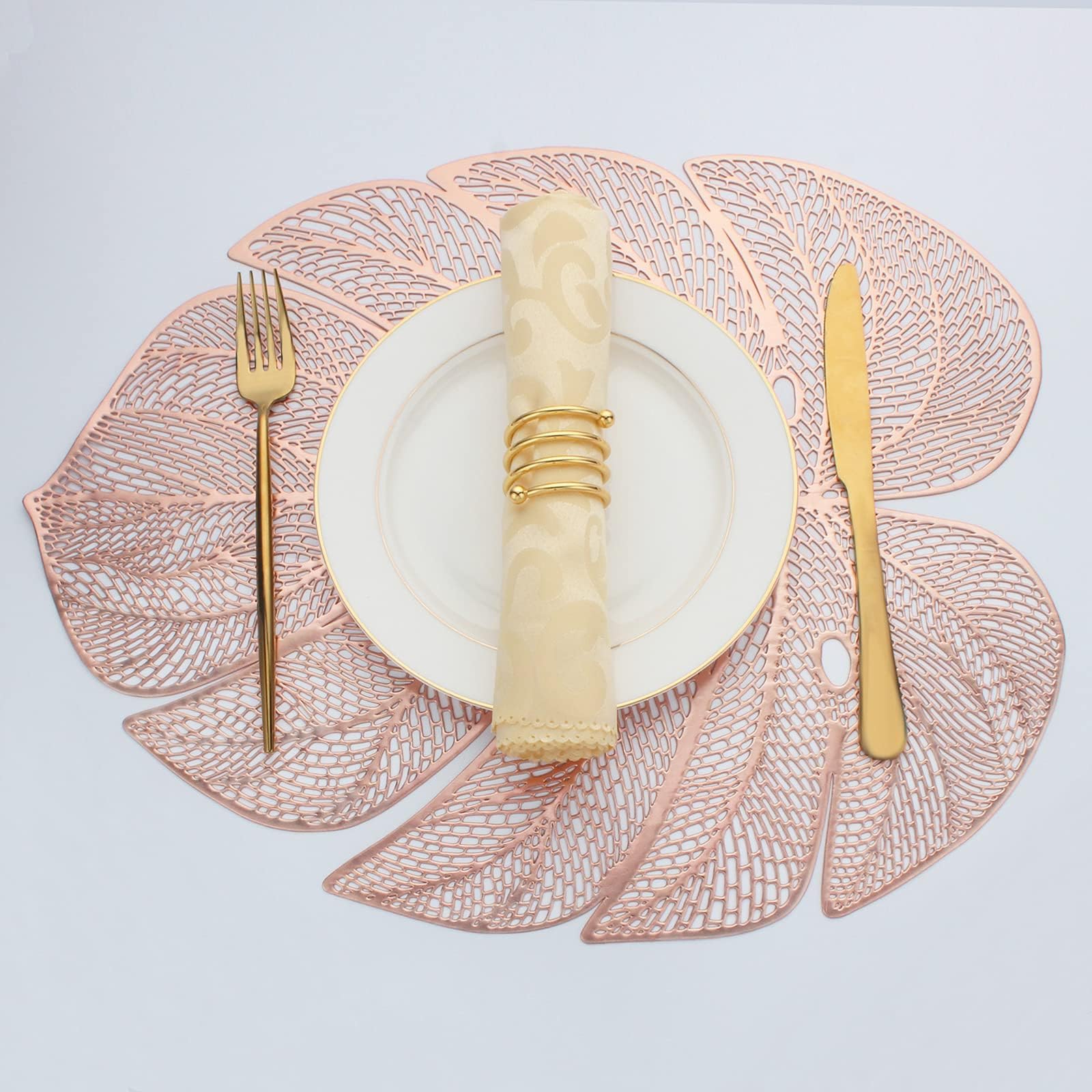 Zbello Rose Gold Leaf Shaped Place Mats For Table - Durable And Stylish Table Mats For Dining Room Decor - Pvc Washable Heat Resistant Placemats For Dinner Gathering Party Decor (,4Pcs)